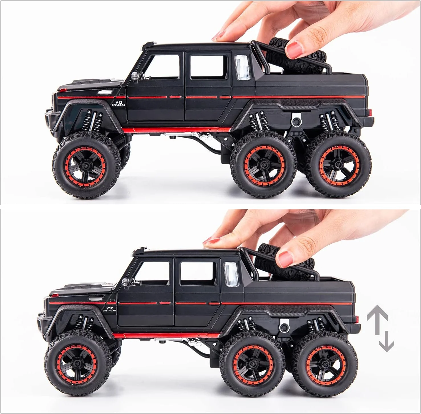 مدل ماشین پیکاپ مرسدس بنز G63 AMG 6x6 V12 آفرود مشکی، اسباب بازی عقب کشیدنی آلیاژ روی با صدا و نور برای هدیه پسرانه دخترانه (مشکی)