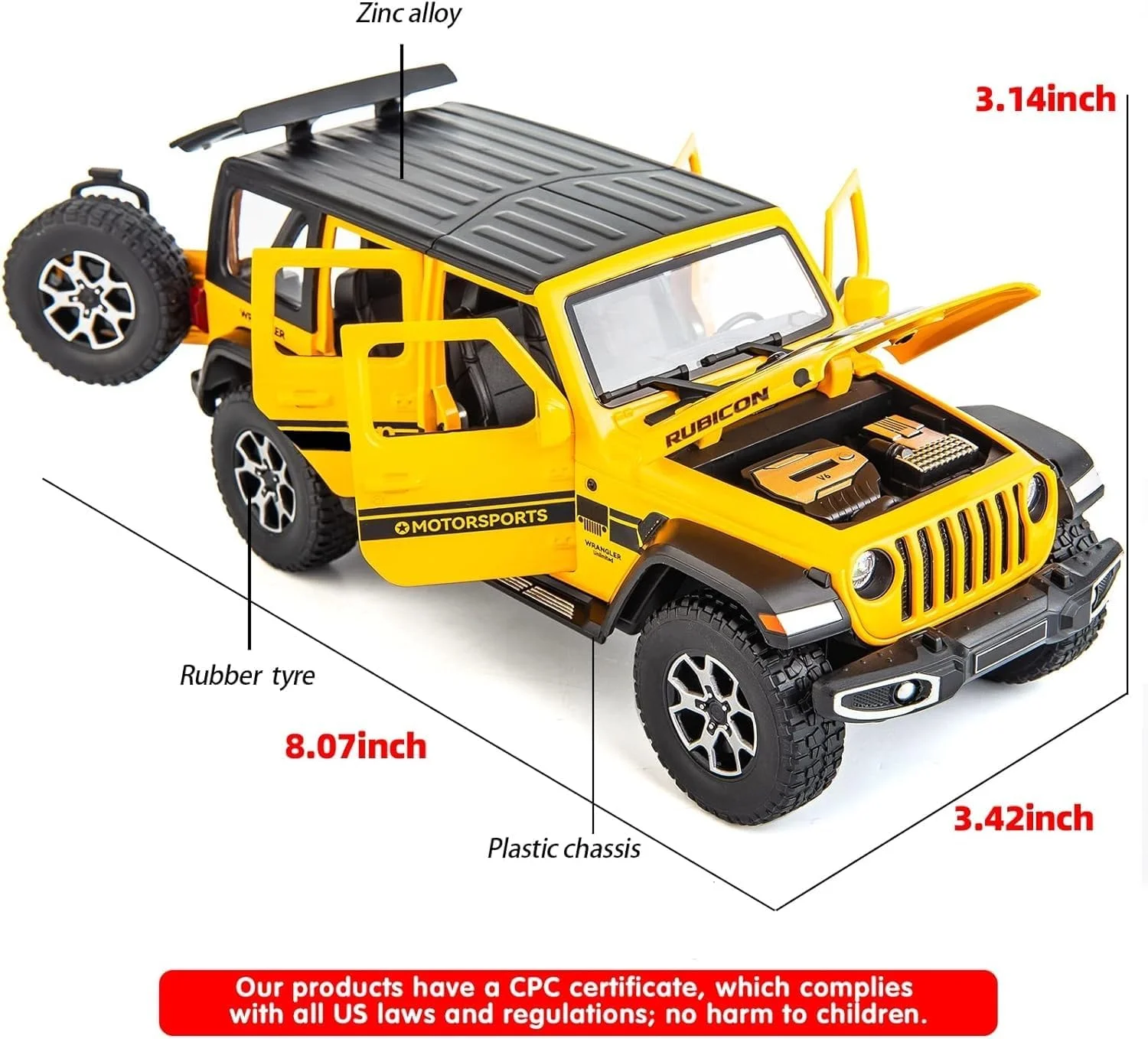 مدل ماشین اسباب بازی دایکست آفرود ۷ درب برای رانگلر، مقیاس ۱/۲۲ آلیاژ فلزی، مناسب کودکان، پسران، دختران و بزرگسالان، درب ها بازشو، دارای نور و صدا، هدیه - زرد