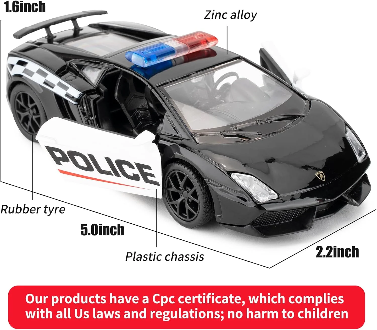 مدل ماشین پلیس لامبورگینی گالاردو، مقیاس 1/36، آلیاژ روی، اسباب بازی های عقب کشیدنی برای هدیه پسران و دختران