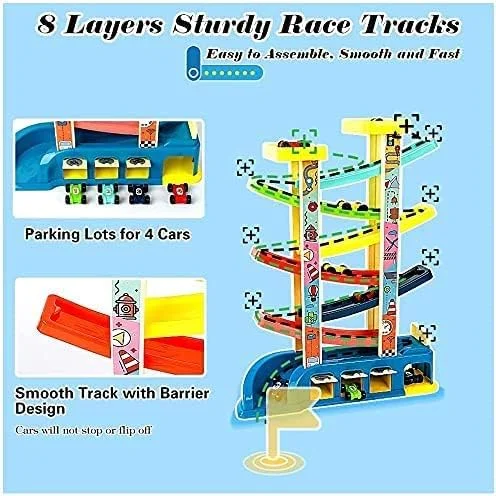 پیست مسابقه اسباب بازی کودک مناسب هدیه برای پسران و دختران 1، 2 و 3 ساله، اسباب بازی پیست ماشین با 8 ماشین و پیست مسابقه، گاراژ و پارکینگ، پیست مسابقه ماشین کودک