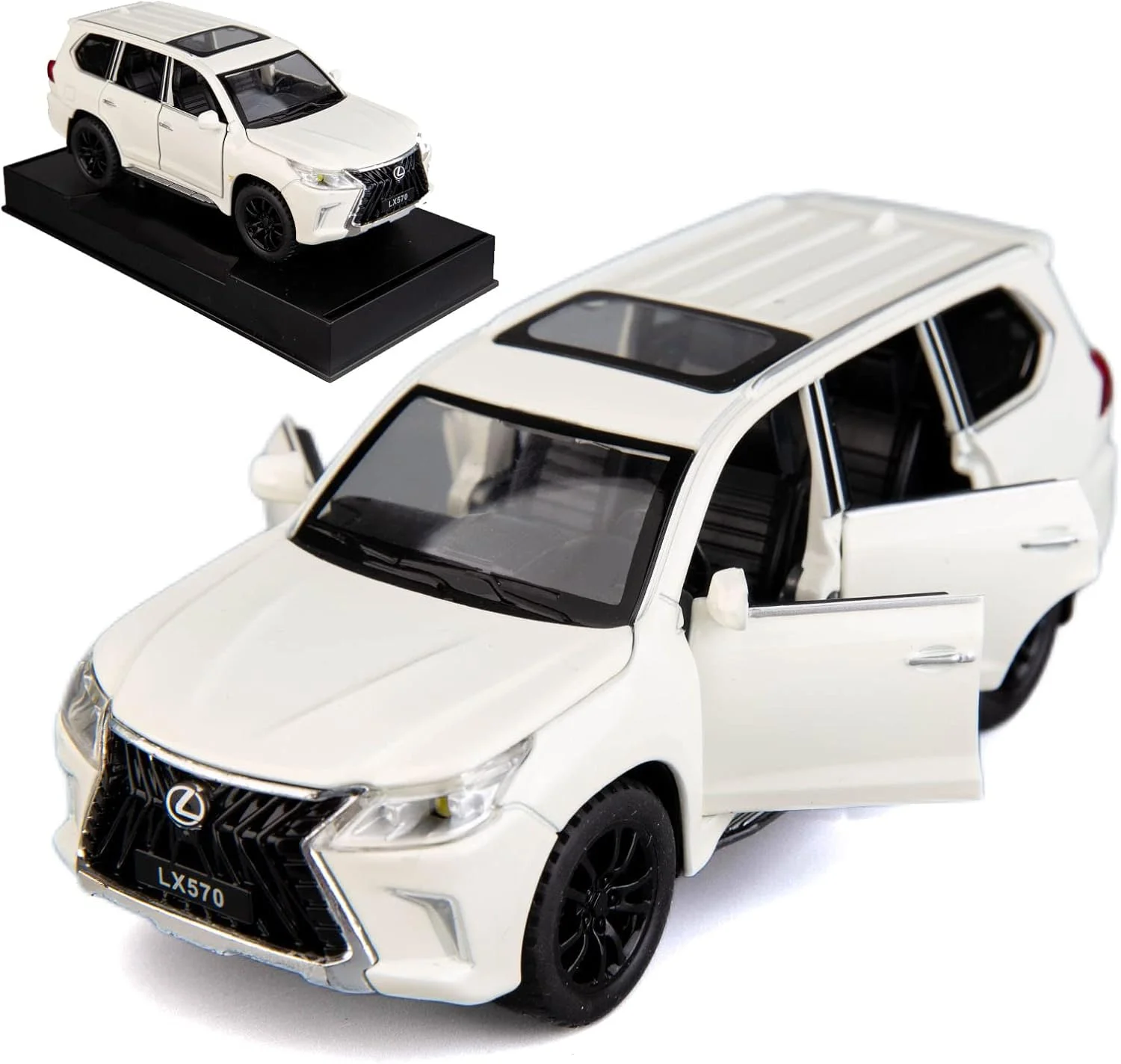 مدل ماشین لکسوس LX570 آفرود لوکس، مقیاس 1/32، اسباب بازی عقب کشیدنی آلیاژ روی با صدا و نور، هدیه پسرانه دخترانه (سفید)