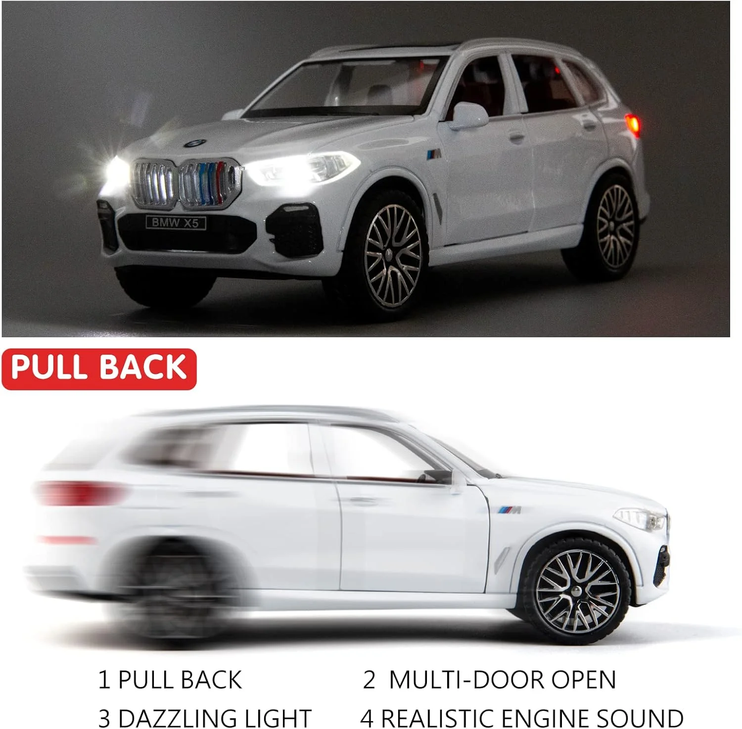 مدل ماشین اسباب بازی BDTCTK 1:32، سازگار با X5 SUV، ماشین اسباب بازی عقب کشیدنی آلیاژ روی با صدا و نور، هدیه ای برای پسران و دختران کودک (سفید)
