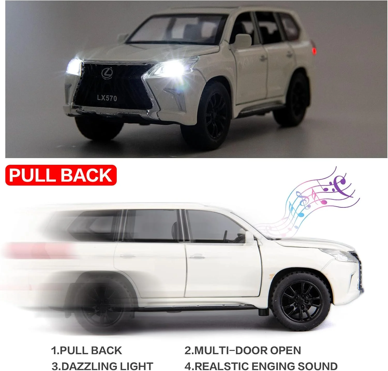 مدل ماشین لکسوس LX570 آفرود لوکس، مقیاس 1/32، اسباب بازی عقب کشیدنی آلیاژ روی با صدا و نور، هدیه پسرانه دخترانه (سفید)