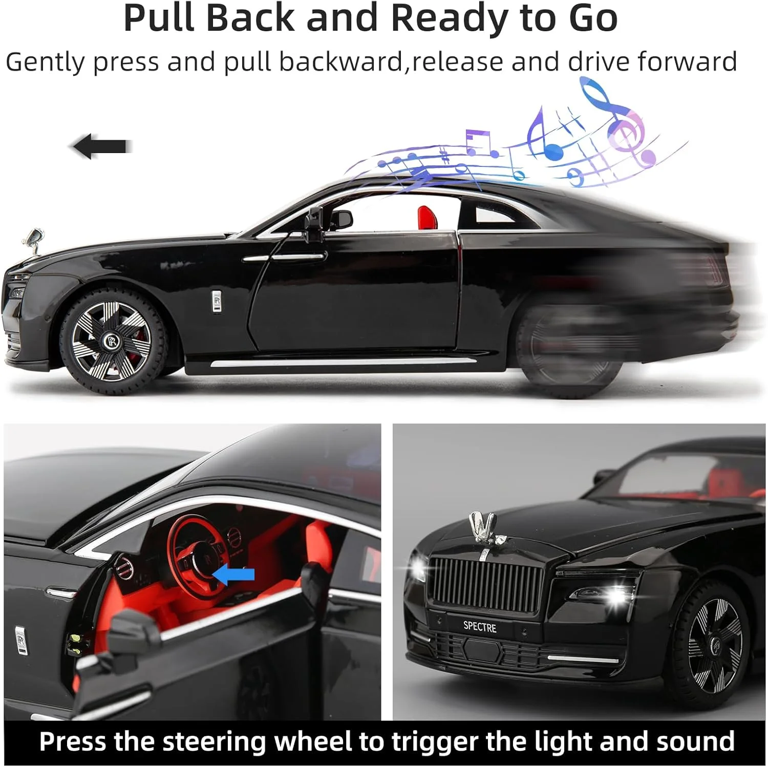 مدل ماشین رولز رویس اسپکتر مقیاس 1:24، ماشین اسباب بازی کلکسیونی دایکست عقب کشیدنی با صدا و نور برای بزرگسالان، کودکان، پسران، دختران، هدیه - مشکی