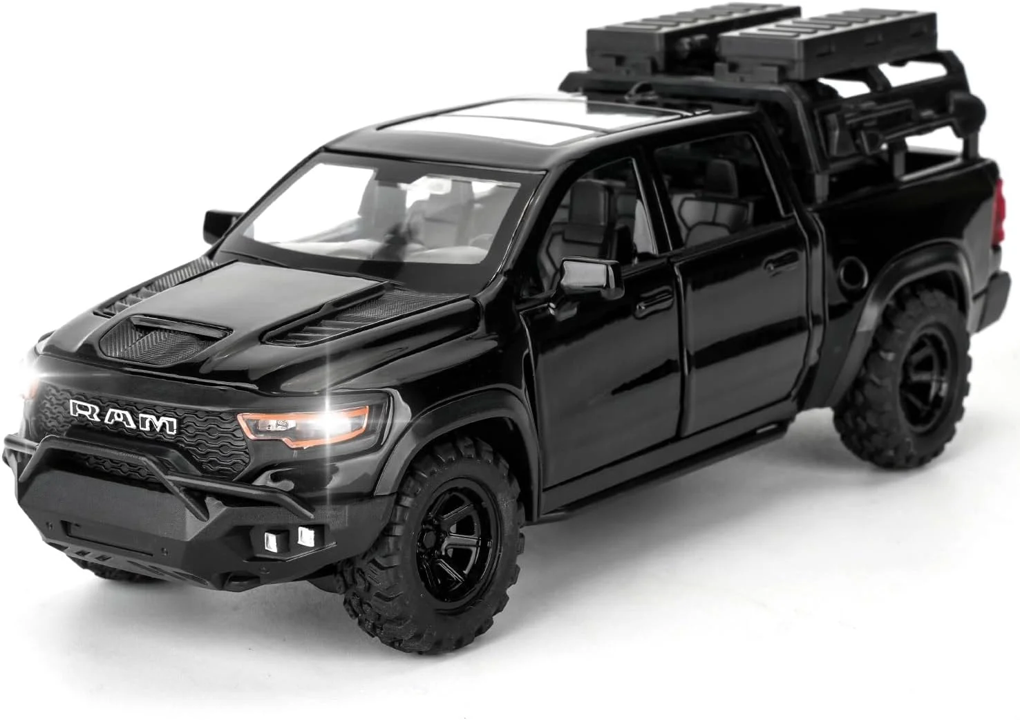 مدل ماشین وانت دوج رم ماموت، ماشین اسباب بازی عقب کشیدنی آلیاژ روی با صدا و نور برای هدیه پسرانه دخترانه کودکان (مشکی)