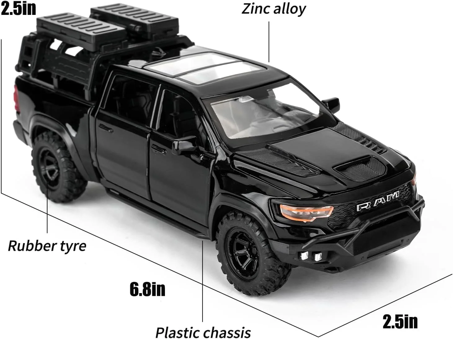مدل ماشین وانت دوج رم ماموت، ماشین اسباب بازی عقب کشیدنی آلیاژ روی با صدا و نور برای هدیه پسرانه دخترانه کودکان (مشکی)