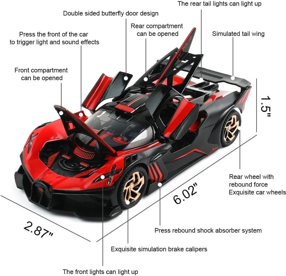 مدل ماشین بازی Azonee بوگاتی بولاید برای پسران، فیگور ماشین مسابقه ای اسپرت فلزی دایکاست، مینی اسباب بازی های سوپراسپرت الکترونیکی با چراغ و موسیقی برای کودکان نوپا، ماشین دایکاست هدیه
