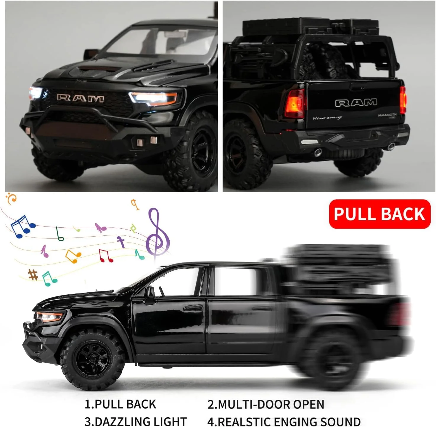 مدل ماشین وانت دوج رم ماموت، ماشین اسباب بازی عقب کشیدنی آلیاژ روی با صدا و نور برای هدیه پسرانه دخترانه کودکان (مشکی)