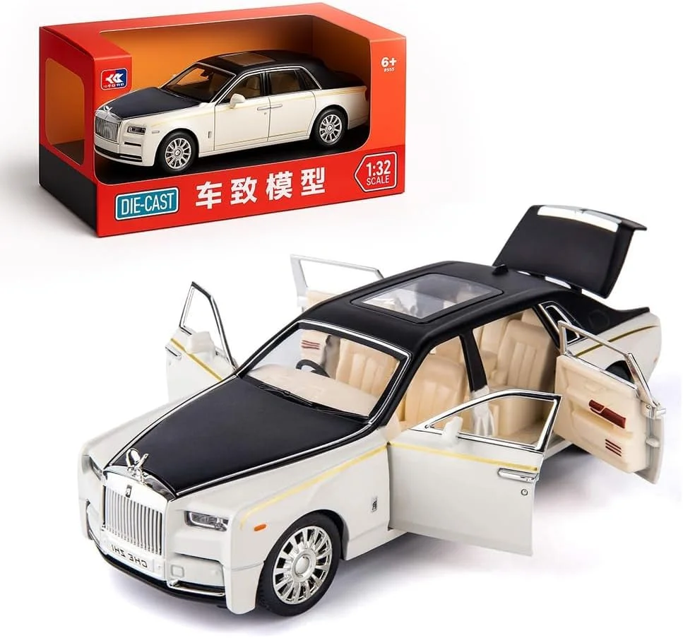 مدل ماشین فلزی رولز رویس، مقیاس 1:32، اسباب بازی دایکست با صدا، نور و 6 درب بازشو، مناسب هدیه برای پسران و دختران - سفید