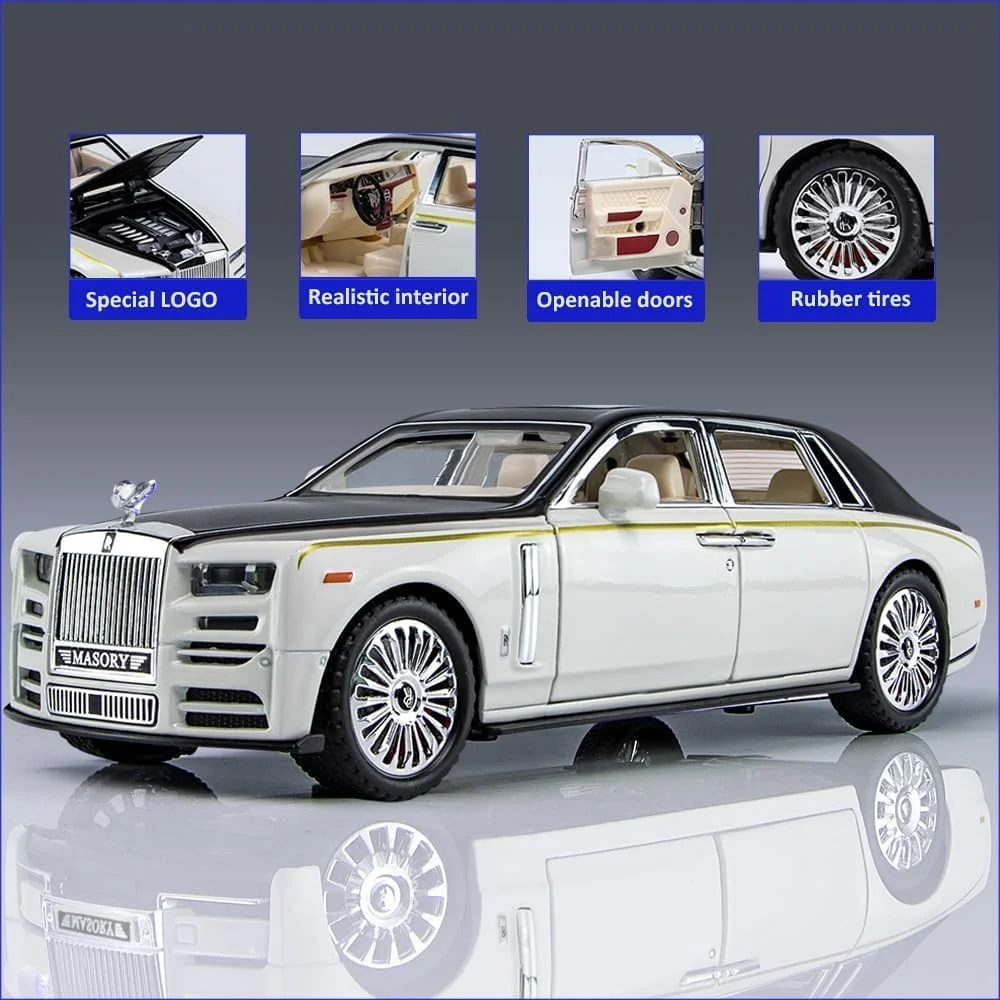مدل ماشین فلزی رولز رویس، مقیاس 1:32، اسباب بازی دایکست با صدا، نور و 6 درب بازشو، مناسب هدیه برای پسران و دختران - سفید