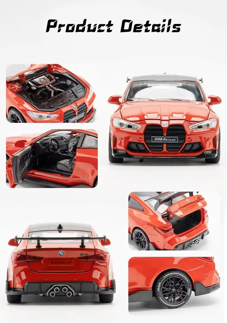 مدل آلیاژی ماشین اسپرت BM-W M4 در مقیاس 1:32 با قابلیت عقب کشیدن، صدا و نور | ماشین فلزی اسباب بازی هدیه تولد برای پسران و دختران - قرمز
