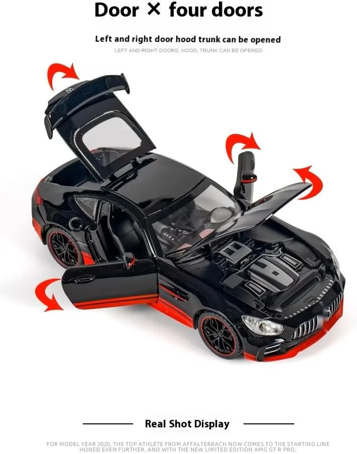 مدل آلیاژی ماشین اسپرت Bnz AMG GTR مقیاس 1:24 با قابلیت پخش صدا و نور و عقب کش | ماشین فلزی اسباب بازی برای هدیه تولد پسران و دختران (مشکی)