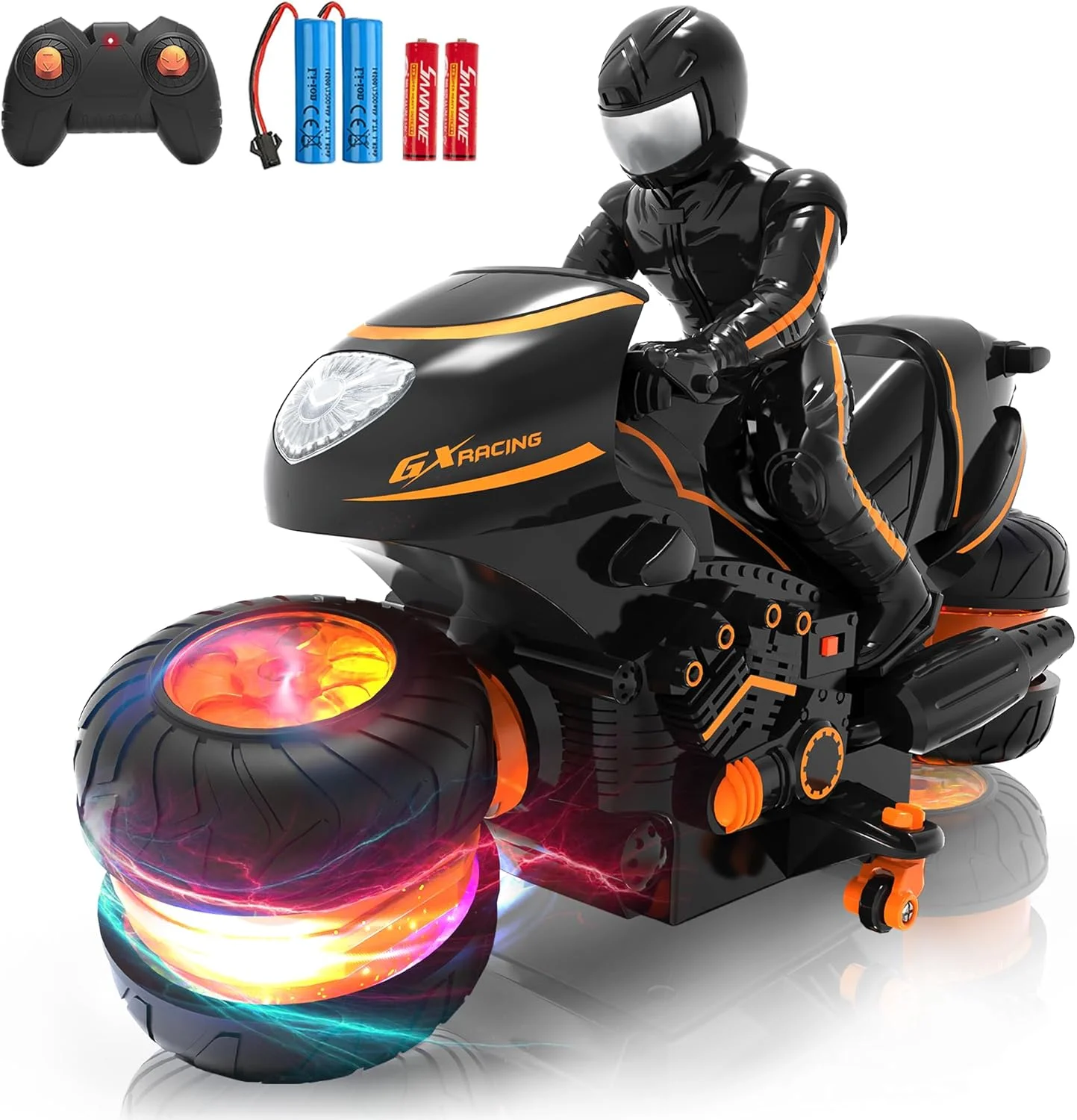 موتورسیکلت کنترلی برای کودکان 5 تا 12 سال، نسخه جدید 2025، موتور سیکلت بدلکاری RC با قابلیت سر خوردن جانبی، چرخ های تغییر رنگ RGB، ضد تداخل 2.4 گیگاهرتز، 2 عدد باتری 1200 میلی آمپر ساعتی، هدیه برای پسران و دختران
