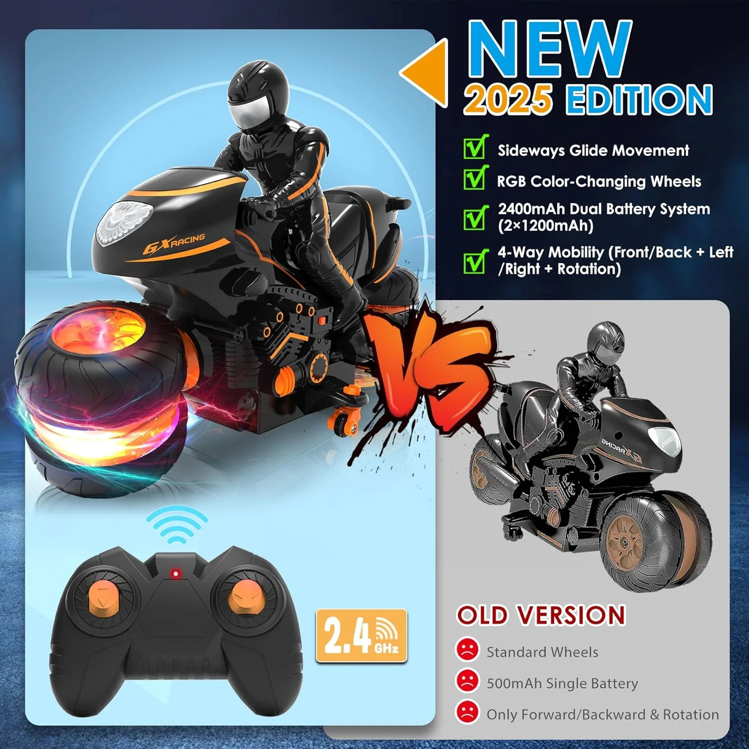 موتورسیکلت کنترلی برای کودکان 5 تا 12 سال، نسخه جدید 2025، موتور سیکلت بدلکاری RC با قابلیت سر خوردن جانبی، چرخ های تغییر رنگ RGB، ضد تداخل 2.4 گیگاهرتز، 2 عدد باتری 1200 میلی آمپر ساعتی، هدیه برای پسران و دختران موتورسیکلت کنترلی برای کودکان 5 تا 12 سال، نسخه جدید 2025، موتور سیکلت بدلکاری RC با قابلیت سر خوردن جانبی، چرخ های تغییر رنگ RGB، ضد تداخل 2.4 گیگاهرتز، 2 عدد باتری 1200 میلی آمپر ساعتی، هدیه برای پسران و دختران