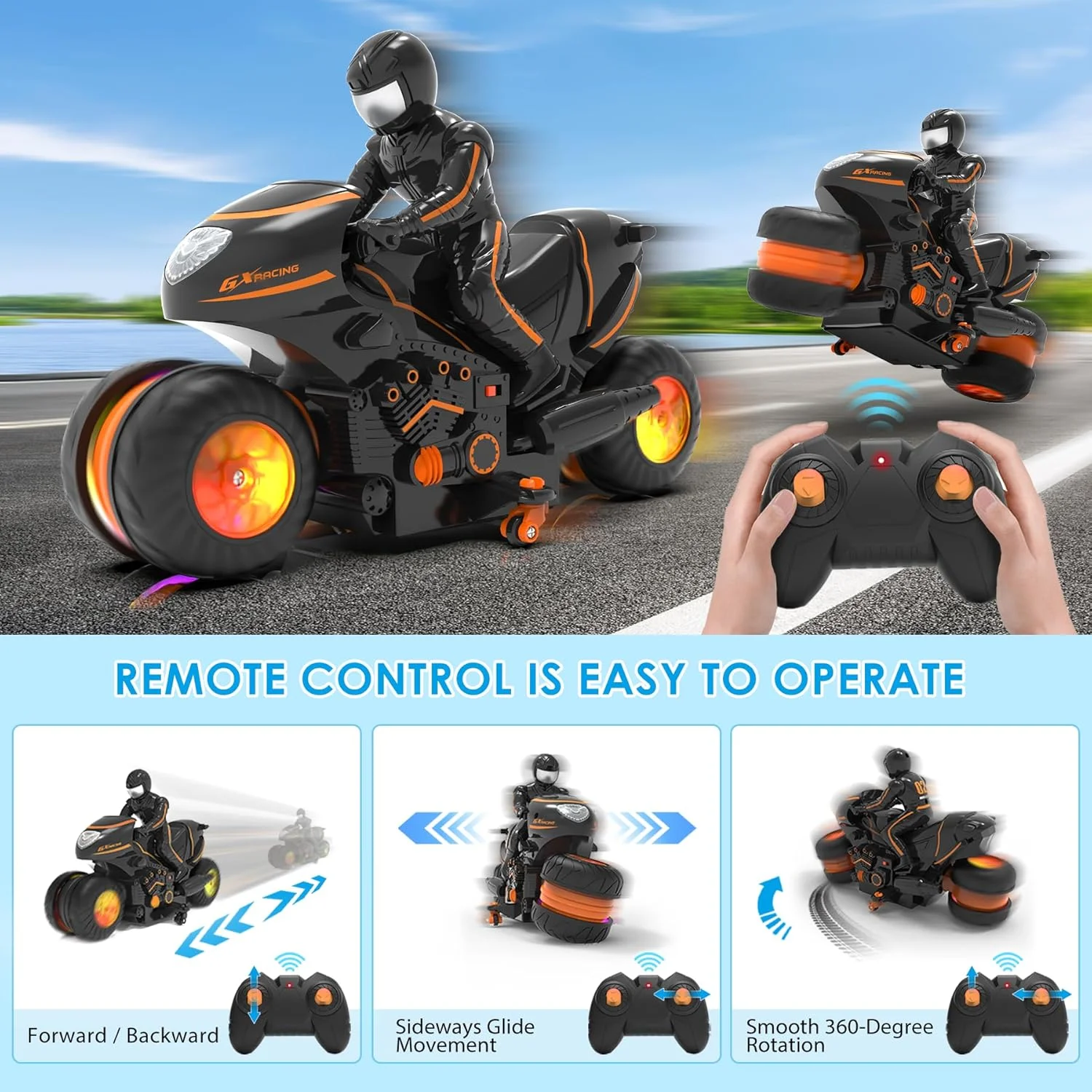 موتورسیکلت کنترلی برای کودکان 5 تا 12 سال، نسخه جدید 2025، موتور سیکلت بدلکاری RC با قابلیت سر خوردن جانبی، چرخ های تغییر رنگ RGB، ضد تداخل 2.4 گیگاهرتز، 2 عدد باتری 1200 میلی آمپر ساعتی، هدیه برای پسران و دختران موتورسیکلت کنترلی برای کودکان 5 تا 12 سال، نسخه جدید 2025، موتور سیکلت بدلکاری RC با قابلیت سر خوردن جانبی، چرخ های تغییر رنگ RGB، ضد تداخل 2.4 گیگاهرتز، 2 عدد باتری 1200 میلی آمپر ساعتی، هدیه برای پسران و دختران