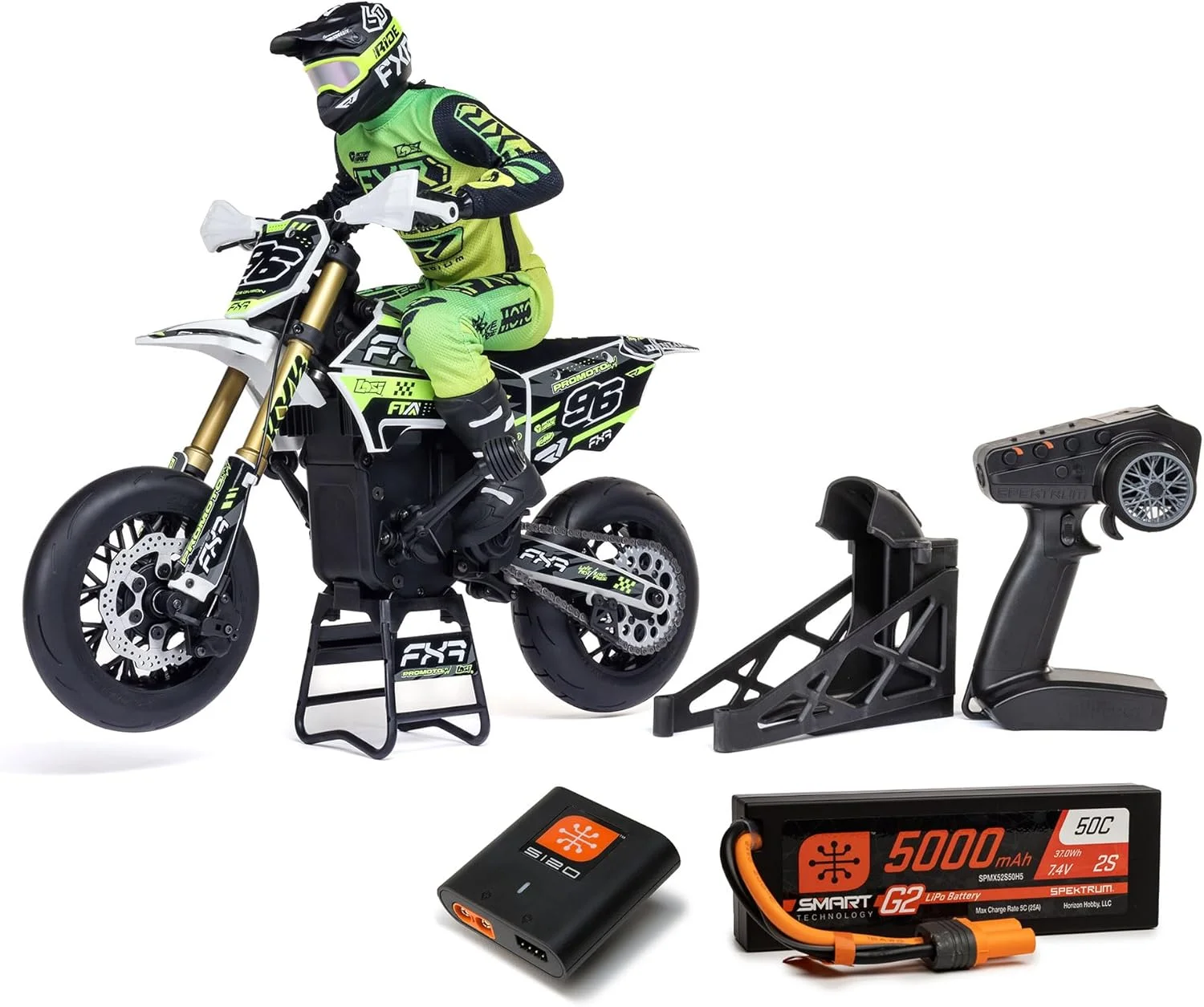 موتورسیکلت سوپرموتو کنترلی از راه دور LOSI 1/4 Promoto-SM FXR RTR با تثبیت کننده چرخ لنگر، کمک فنر، 3 حالت رانندگی، زنجیر بدون جاروبک، کلاچ، شامل باتری و شارژر