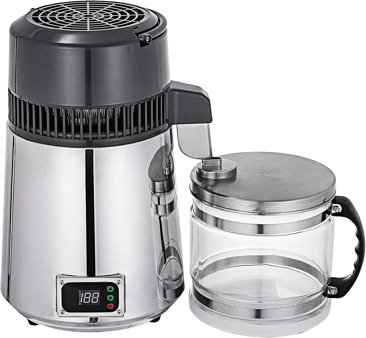 دستگاه تقطیر آب رومیزی VEVOR 745W با پنل دیجیتال و فیلتر استیل ضد زنگ، ظرف شیشه ای 4.2 لیتری، مناسب برای استفاده خانگی، نقره ای