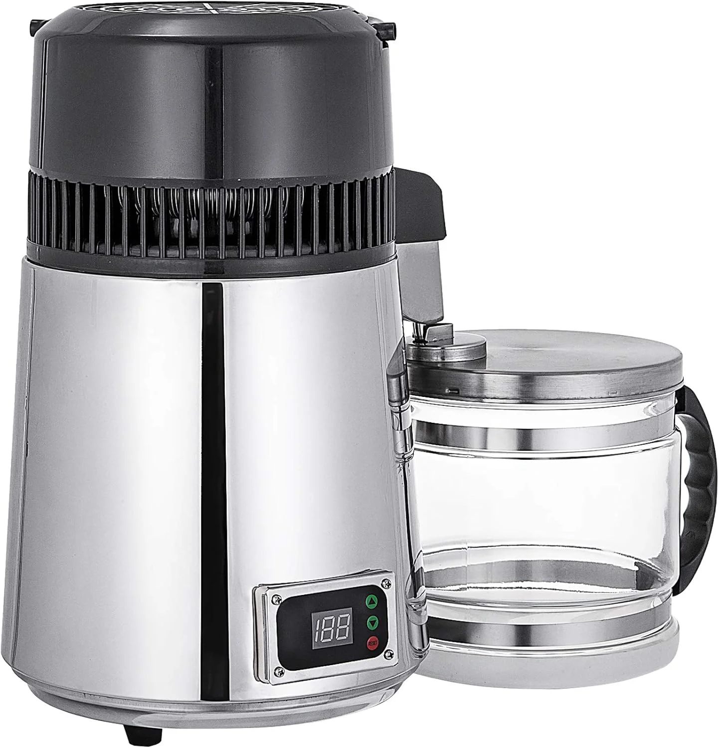 دستگاه تقطیر آب رومیزی VEVOR 745W با پنل دیجیتال و فیلتر استیل ضد زنگ، ظرف شیشه ای 4.2 لیتری، مناسب برای استفاده خانگی، نقره ای