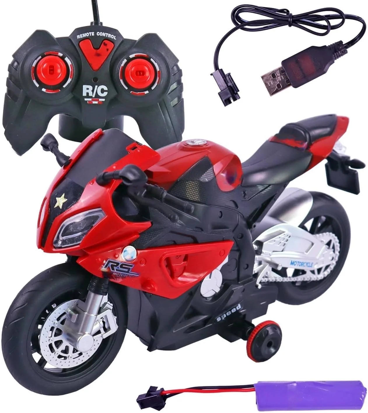 موتور سیکلت کنترلی، موتور سیکلت RC چرخان 360 درجه با چرخ های کمکی، موتور سیکلت مسابقه ای RC با باتری برای کودکان (قرمز)