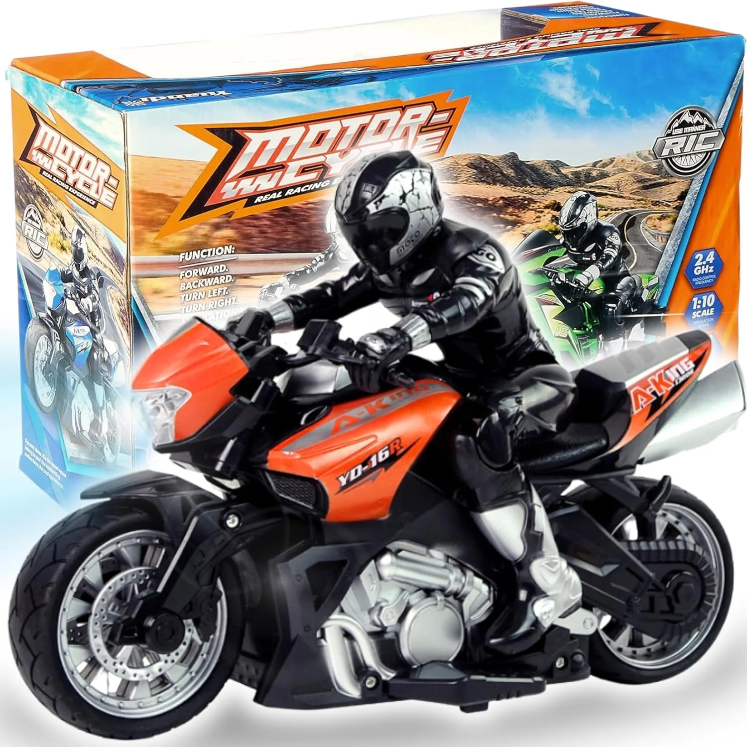 موتورسیکلت بدلکاری کنترلی 2.4G با فیگور راننده، مقیاس 1:10، سرعت بالا، مناسب برای مسابقات خارج از جاده با قابلیت چرخش 360 درجه و ضد ضربه (نارنجی)