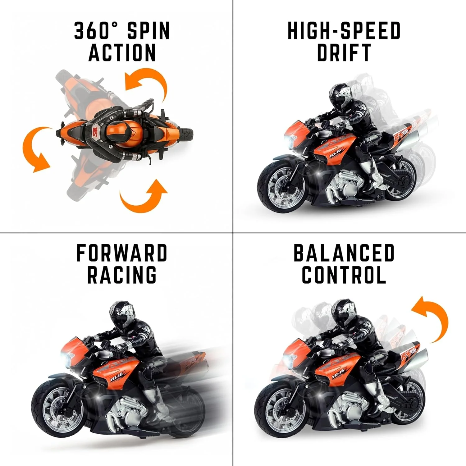 موتورسیکلت بدلکاری کنترلی 2.4G با فیگور راننده، مقیاس 1:10، سرعت بالا، مناسب برای مسابقات خارج از جاده با قابلیت چرخش 360 درجه و ضد ضربه (نارنجی) موتورسیکلت بدلکاری کنترلی 2.4G با فیگور راننده، مقیاس 1:10، سرعت بالا، مناسب برای مسابقات خارج از جاده با قابلیت چرخش 360 درجه و ضد ضربه (نارنجی)