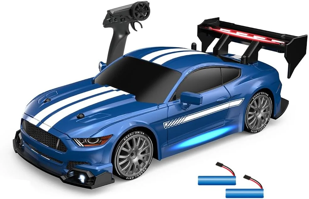 ماشین دریفت کنترلی 2.4 گیگاهرتز، مقیاس 1/24، سرعت بالا 30 کیلومتر بر ساعت، خودروی کنترل از راه دور 4WD با چراغ های جلو، باله عقب و چرخ های قابل تعویض به همراه باتری