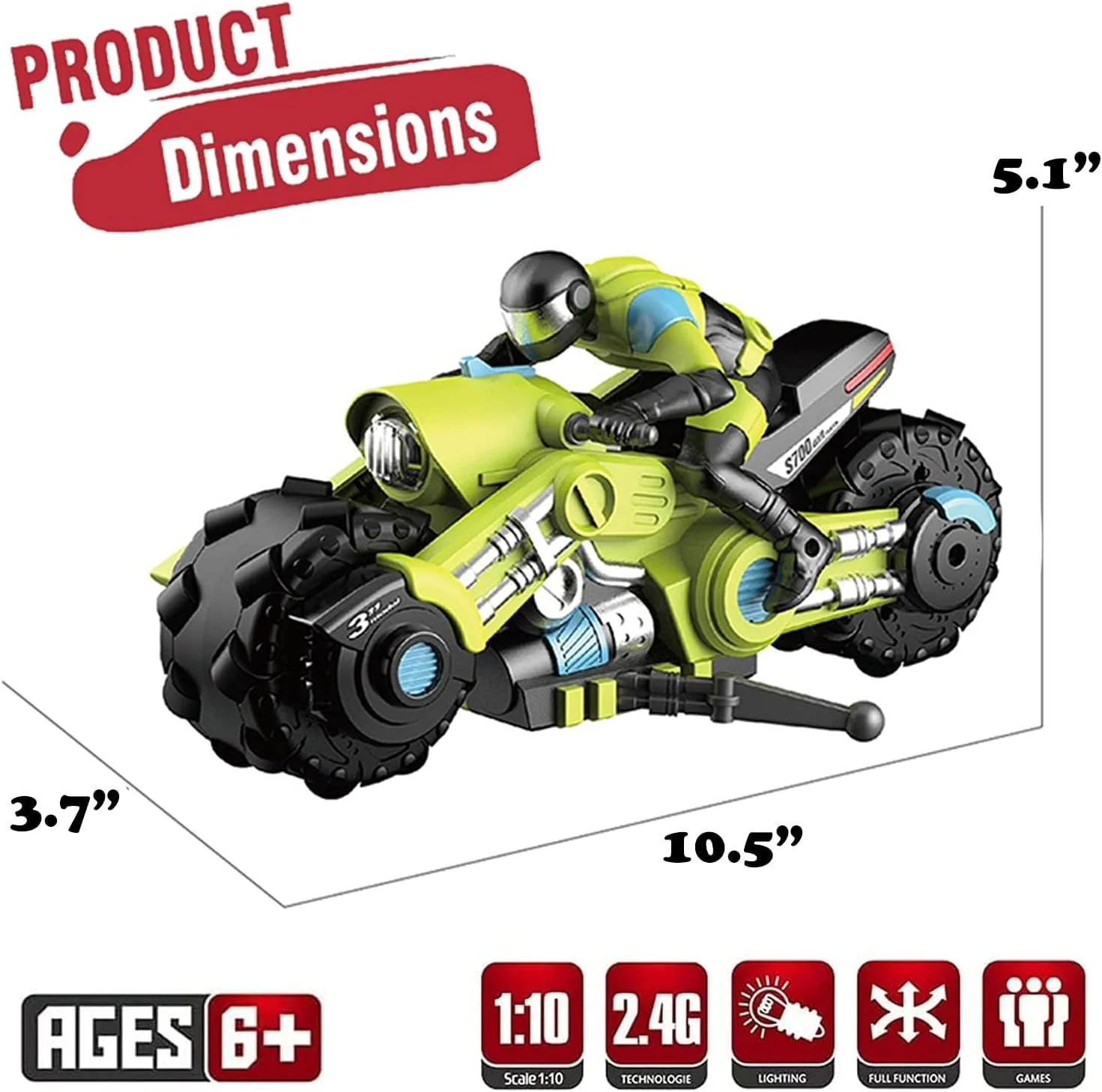 موتور سیکلت کنترلی دریفت و حرکات نمایشی 2.4 گیگاهرتز – مقیاس 1/10 موتور سیکلت پرسرعت با چرخ های چرخان 360 درجه و آدمک راننده (سبز) موتور سیکلت کنترلی دریفت و حرکات نمایشی 2.4 گیگاهرتز – مقیاس 1/10 موتور سیکلت پرسرعت با چرخ های چرخان 360 درجه و آدمک راننده (سبز)