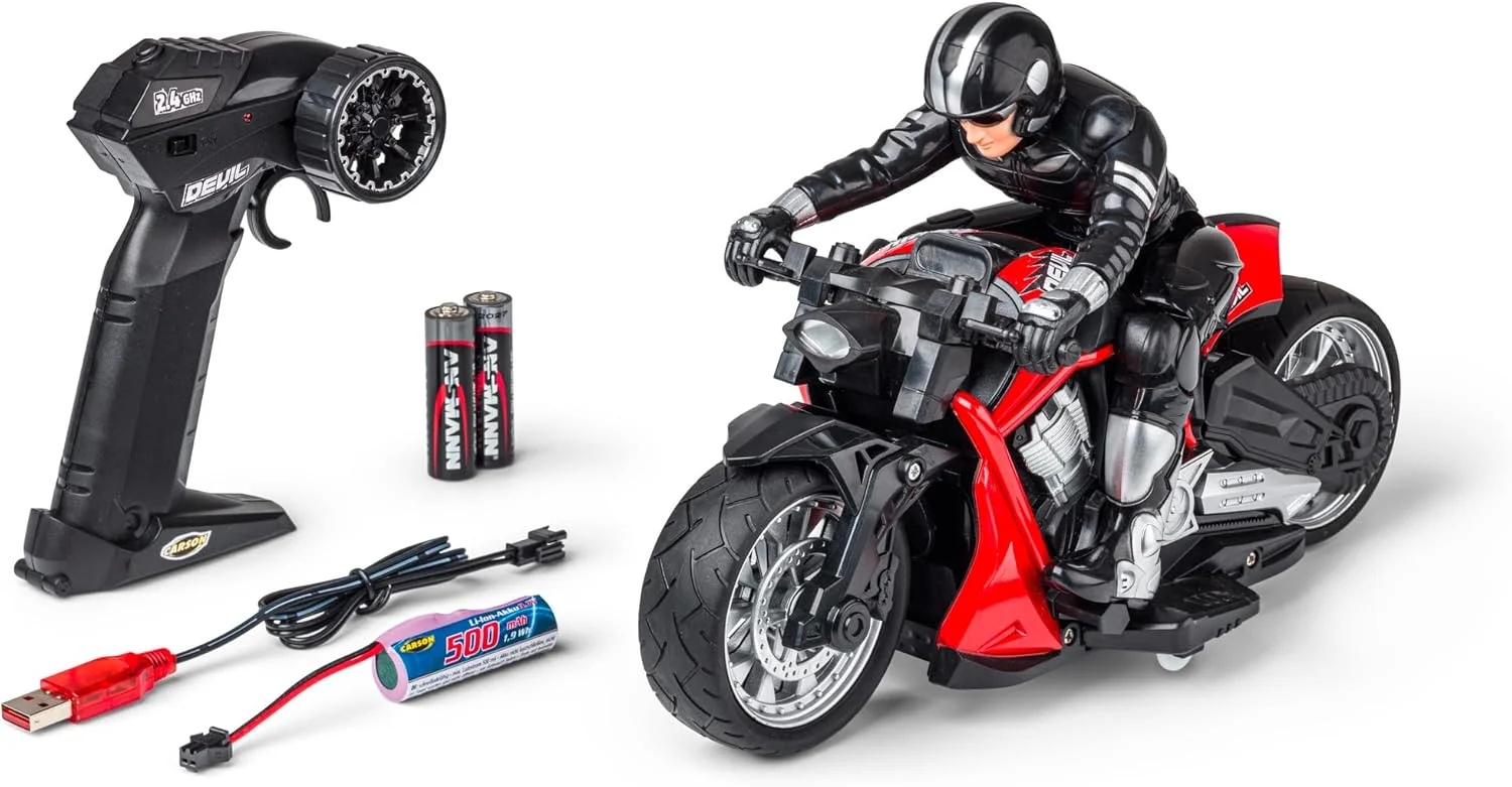 موتورسیکلت آرسی کارسون مدل 500404281 Devil Bike 100% RTR قرمز - موتورسیکلت کنترل از راه دور، 50 دقیقه زمان رانندگی، هدیه برای کودکان، ماشین آرسی، اسباب بازی آرسی، ماشین کنترل از راه دور