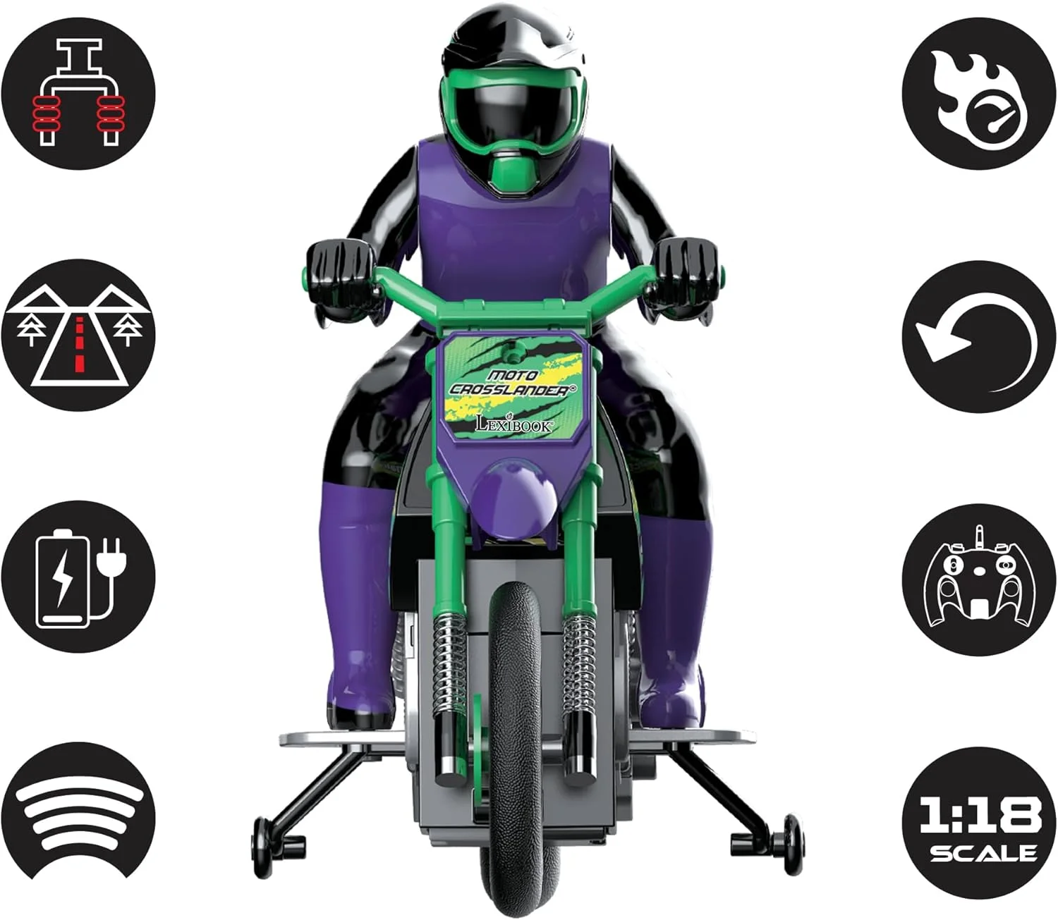 موتورسیکلت آفرود کنترلی Lexibook Crosslander®، تا 12 کیلومتر در ساعت، تعادل عالی، جلوه های نوری، دریفت های دیوانه وار، شتاب سریع، کنترل از راه دور ارگونومیک، قابل شارژ، RC18 موتورسیکلت آفرود کنترلی Lexibook Crosslander®، تا 12 کیلومتر در ساعت، تعادل عالی، جلوه های نوری، دریفت های دیوانه وار، شتاب سریع، کنترل از راه دور ارگونومیک، قابل شارژ، RC18