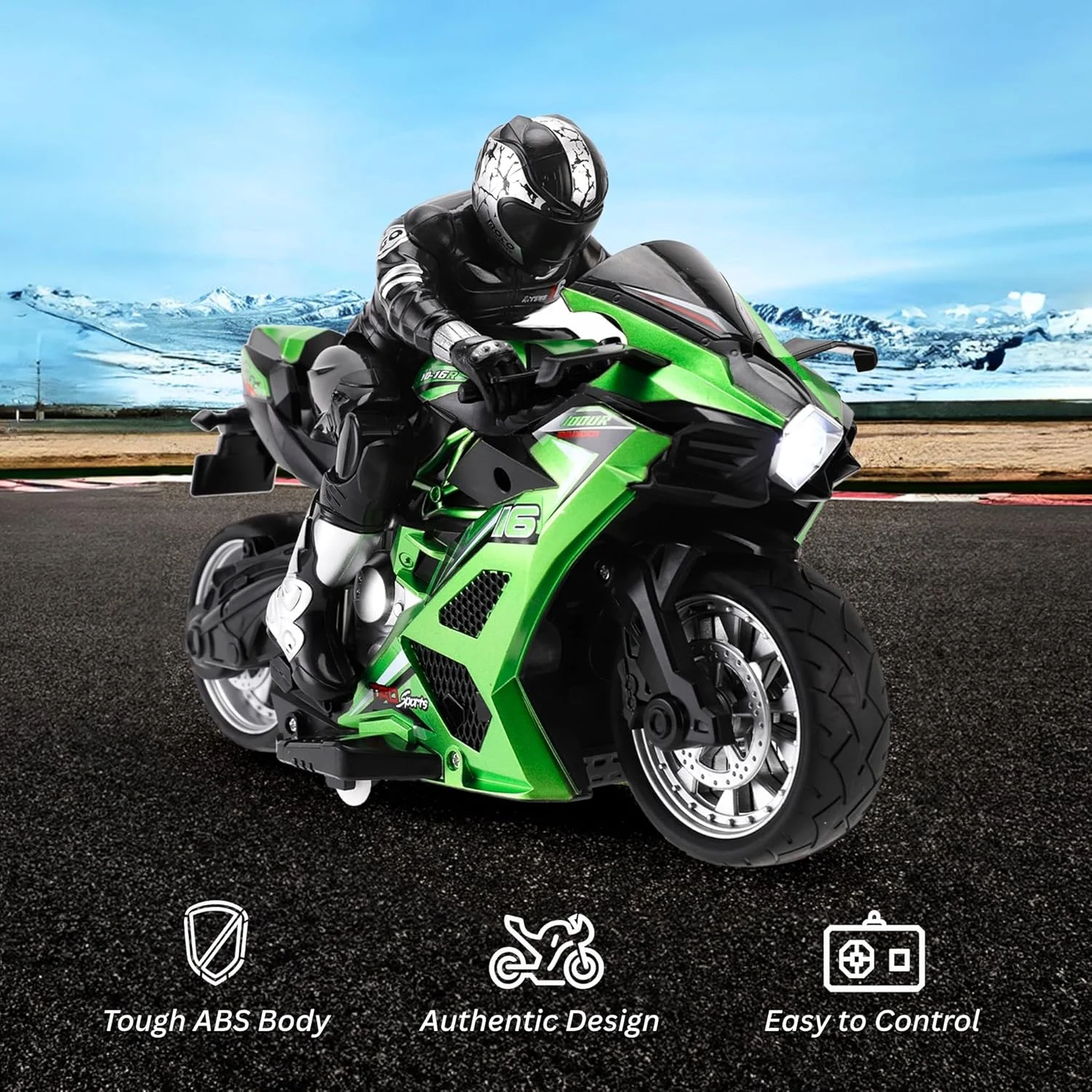 موتورسیکلت کنترلی از راه دور پرسرعت آفرود با مقیاس 1/10 و فیگور راننده موتورسیکلت کنترلی از راه دور پرسرعت آفرود با مقیاس 1/10 و فیگور راننده