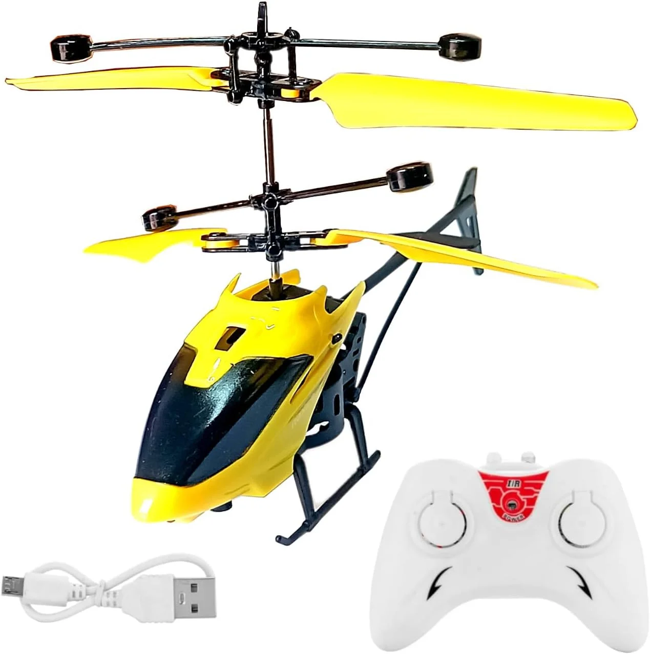 هلیکوپتر کنترلی، کنترل دو حالته، پرواز در فضای داخلی و خارجی، چراغ های ال ای دی، سیستم محافظت از ولتاژ، هلیکوپتر اسباب بازی (زرد)
