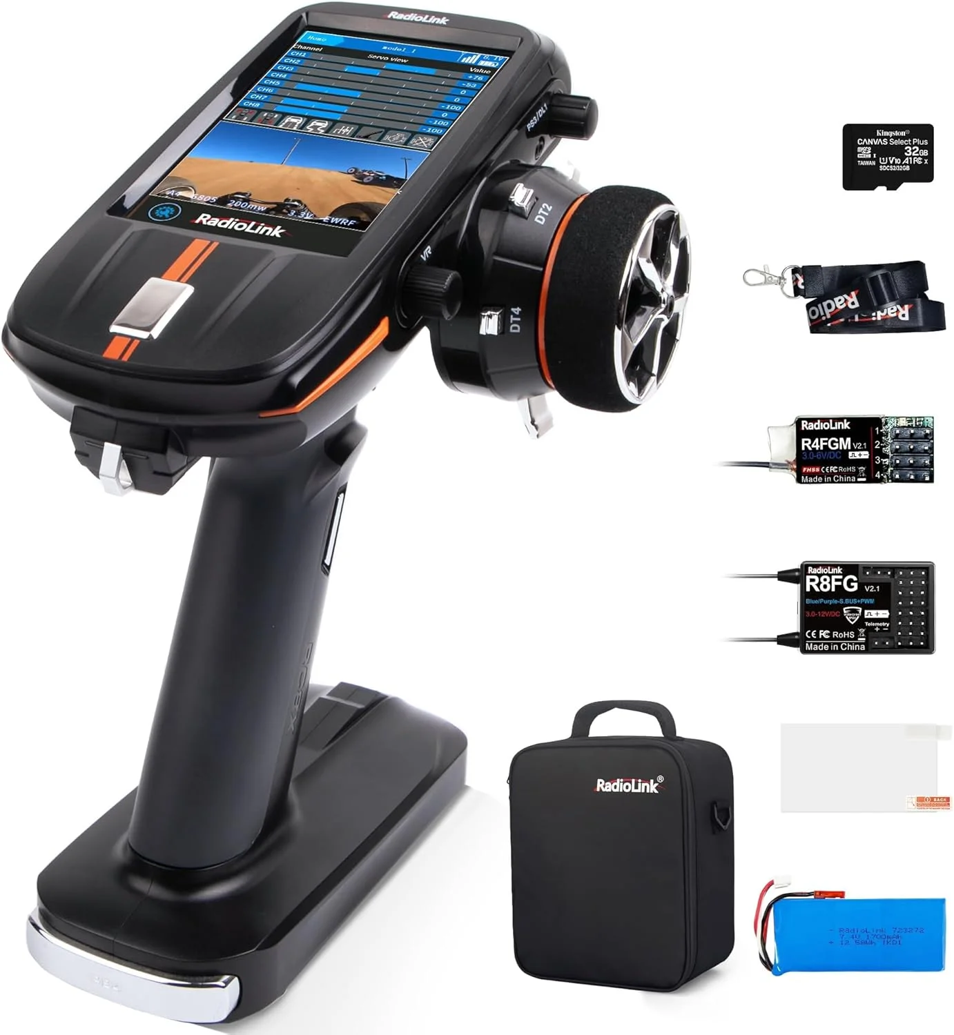 رادیوکنترل 8 کاناله 2.4G مدل Radiolink RC8X به همراه گیرنده های ژیروسکوپی R8FG و R4FGM V2.2، دارای صفحه نمایش لمسی 4.3 اینچی IPS تمام رنگی، برد بلند 600 متری، 200 حافظه مدل برای ماشین های خزنده، دریفت و قایق های کنترلی