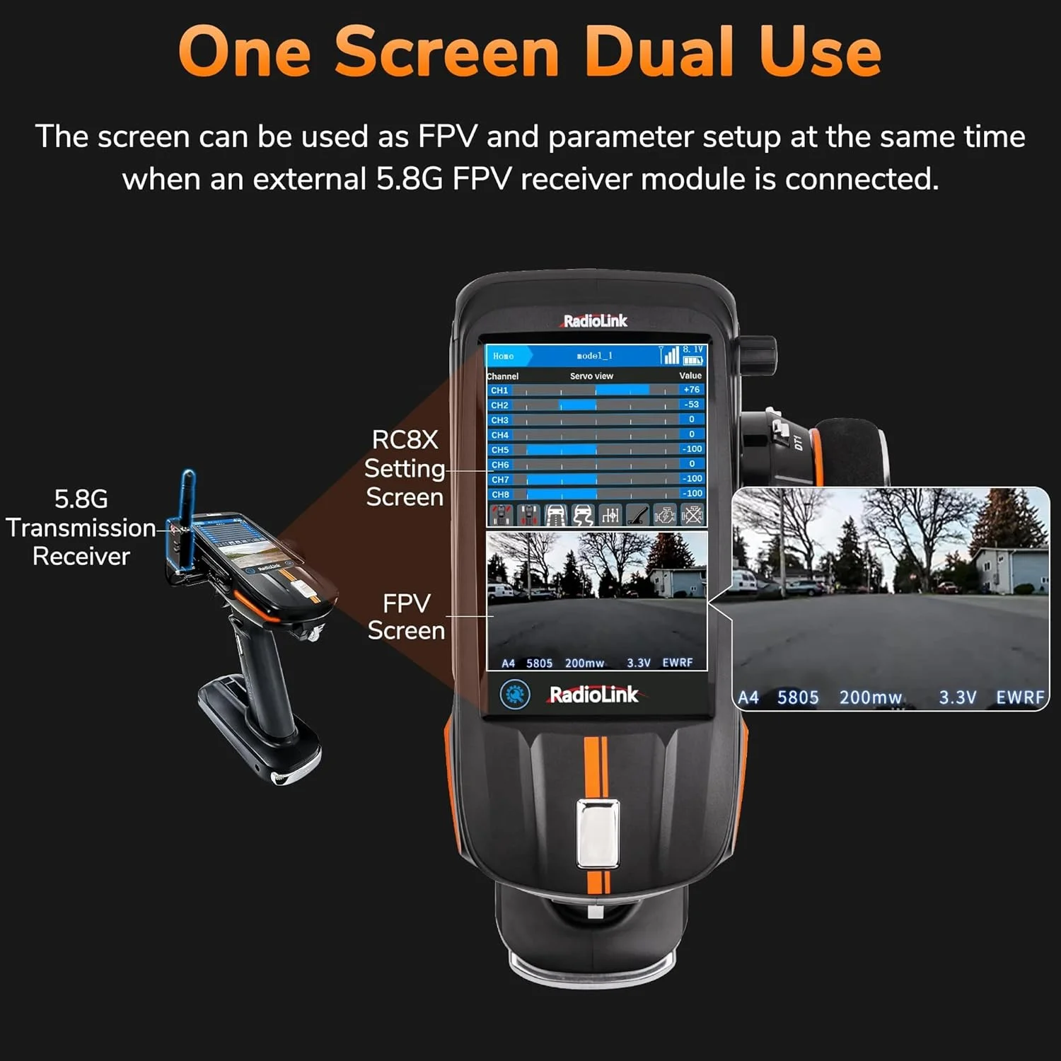 رادیوکنترل 8 کاناله 2.4G مدل Radiolink RC8X به همراه گیرنده های ژیروسکوپی R8FG و R4FGM V2.2، دارای صفحه نمایش لمسی 4.3 اینچی IPS تمام رنگی، برد بلند 600 متری، 200 حافظه مدل برای ماشین های خزنده، دریفت و قایق های کنترلی