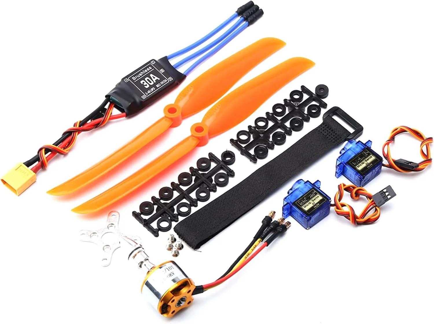 موتور براشلس 1400KV پپیسکی، اسپید کنترل 30 آمپر، ملخ 8060، میکرو سروو 9 گرمی 2 عدد برای هواپیمای کنترلی و هلیکوپتر با کانکتور XT60