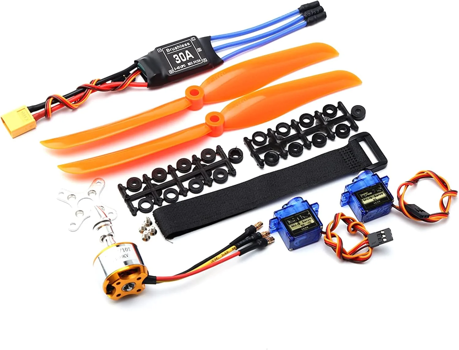 موتور براشلس 1400KV پپیسکی، اسپید کنترل 30 آمپر، ملخ 8060، میکرو سروو 9 گرمی 2 عدد برای هواپیمای کنترلی و هلیکوپتر با کانکتور XT60