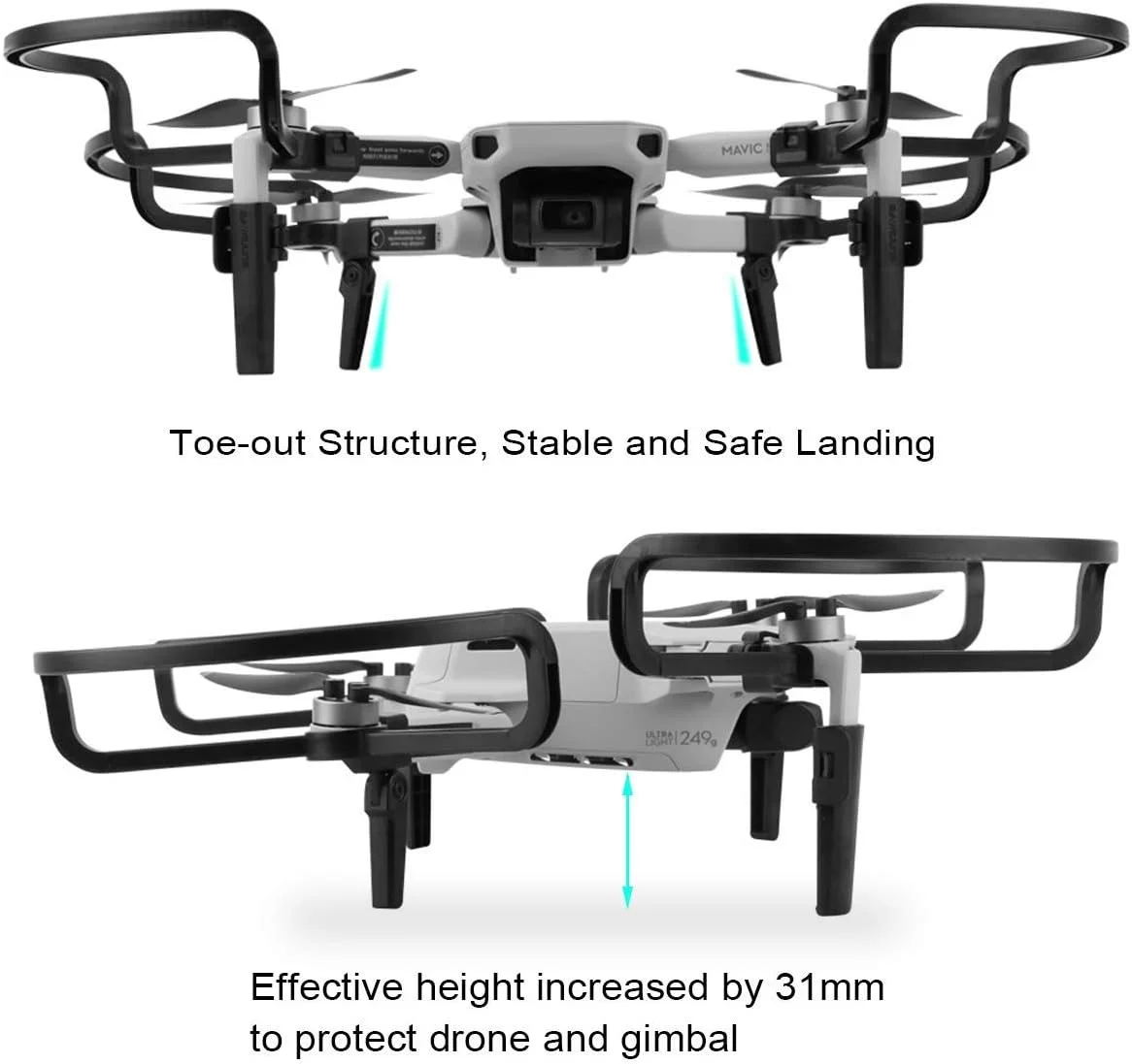 محافظ ملخ 2 در 1 MAKINGTEC برای Mavic Mini 2، با پایه های افزایش ارتفاع فرود، لوازم جانبی تاشو محافظت از پهپاد برای DJI Mavic Mini 2/ Mini 1 / Mini SE (خاکستری)
