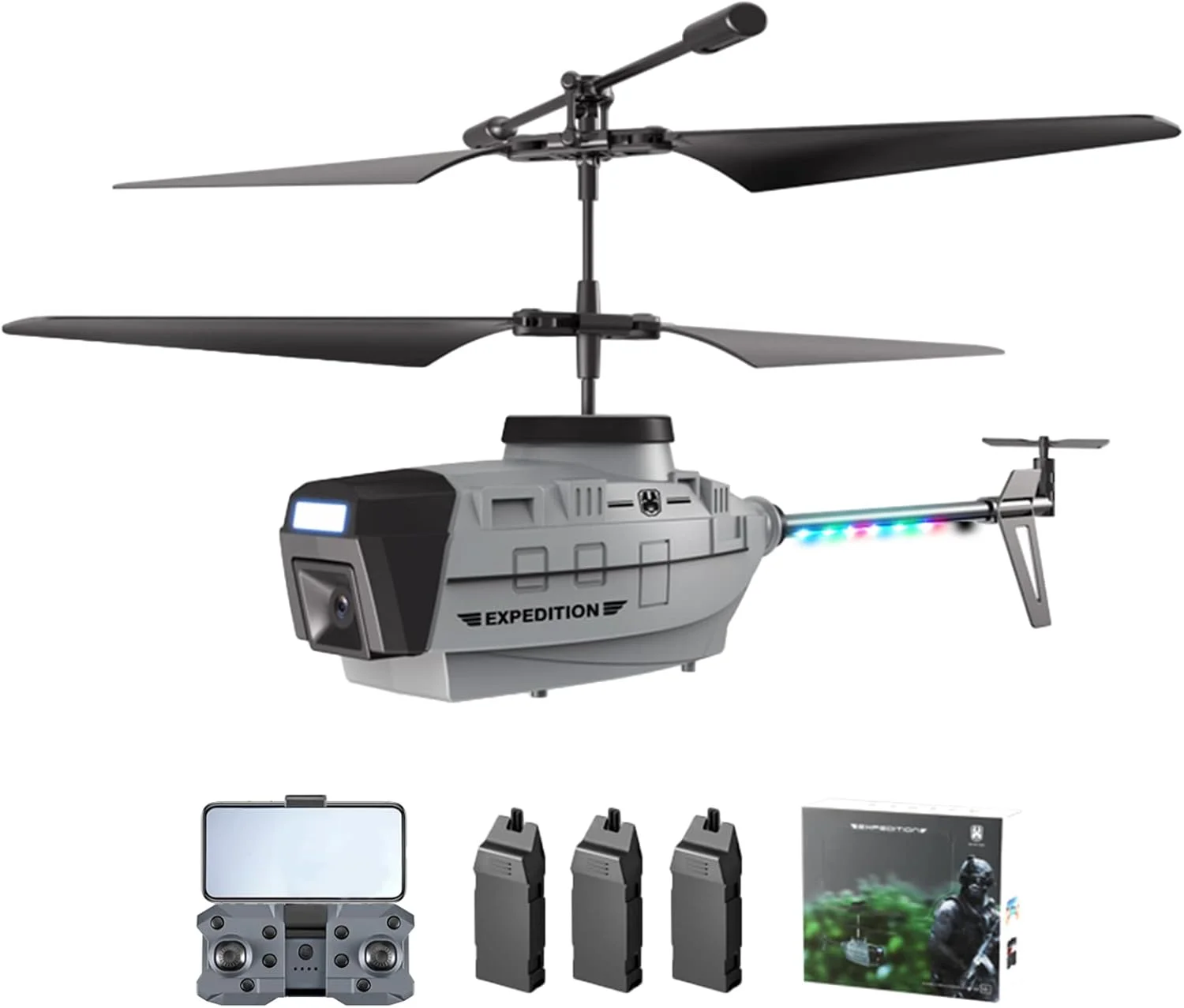 هلیکوپتر کنترلی KY202 2.4GHz، دارای سنسور تشخیص مانع، 4 کانال FPV، دوربین 4K HD، قابلیت بلند شدن و فرود با یک دکمه و چراغ های LED