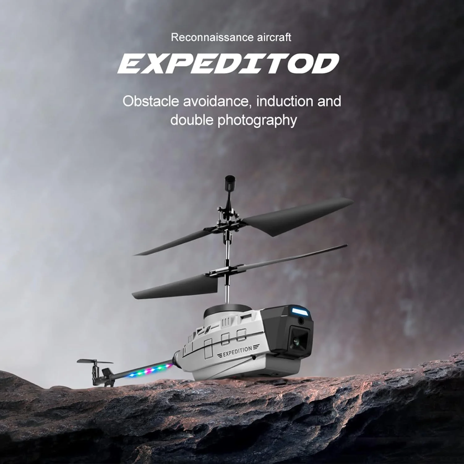 هلیکوپتر کنترلی KY202 2.4GHz، دارای سنسور تشخیص مانع، 4 کانال FPV، دوربین 4K HD، قابلیت بلند شدن و فرود با یک دکمه و چراغ های LED