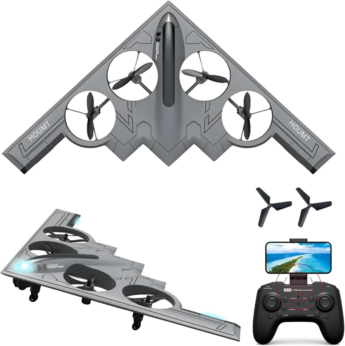 هواپیمای مدل آرسی با دوربین، هواپیمای کنترل از راه دور بمب افکن B-2 Spirit، اسباب بازی جت فوم 6 محوره 2.4 گیگاهرتز RTF برای مبتدیان، چرخش 360 درجه، چراغ های LED، پرواز آسان برای بزرگسالان و کودکان