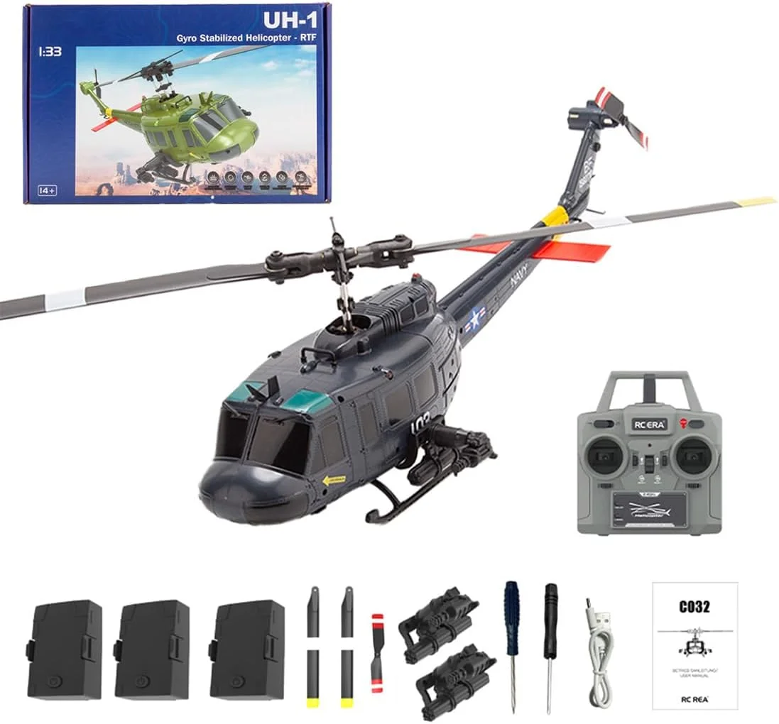 مدل هلیکوپتر آرسی فان زیلوفی UH-1 Huey، مقیاس 1/48، 2.4G 6CH بدون فلایبار با موقعیت یابی جریان نوری، هواپیمای داخلی برای مبتدی، 3 باتری (نسخه RTF)