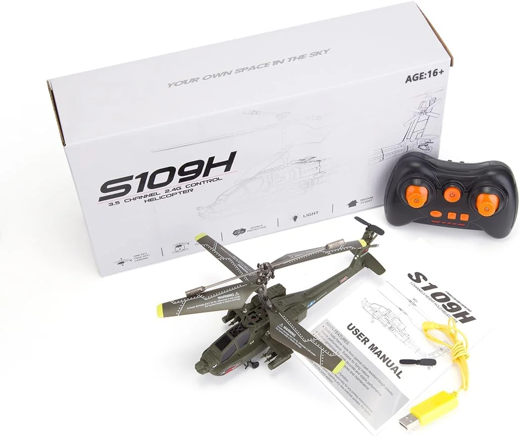 هلیکوپتر کنترلی FunXylophy مدل S109H Apache 2.4G 3CH با ملخ دوتایی و ژیروسکوپ تثبیت کننده، دارای چراغ های روشنایی شب، مناسب برای افراد مبتدی (نسخه RTF)