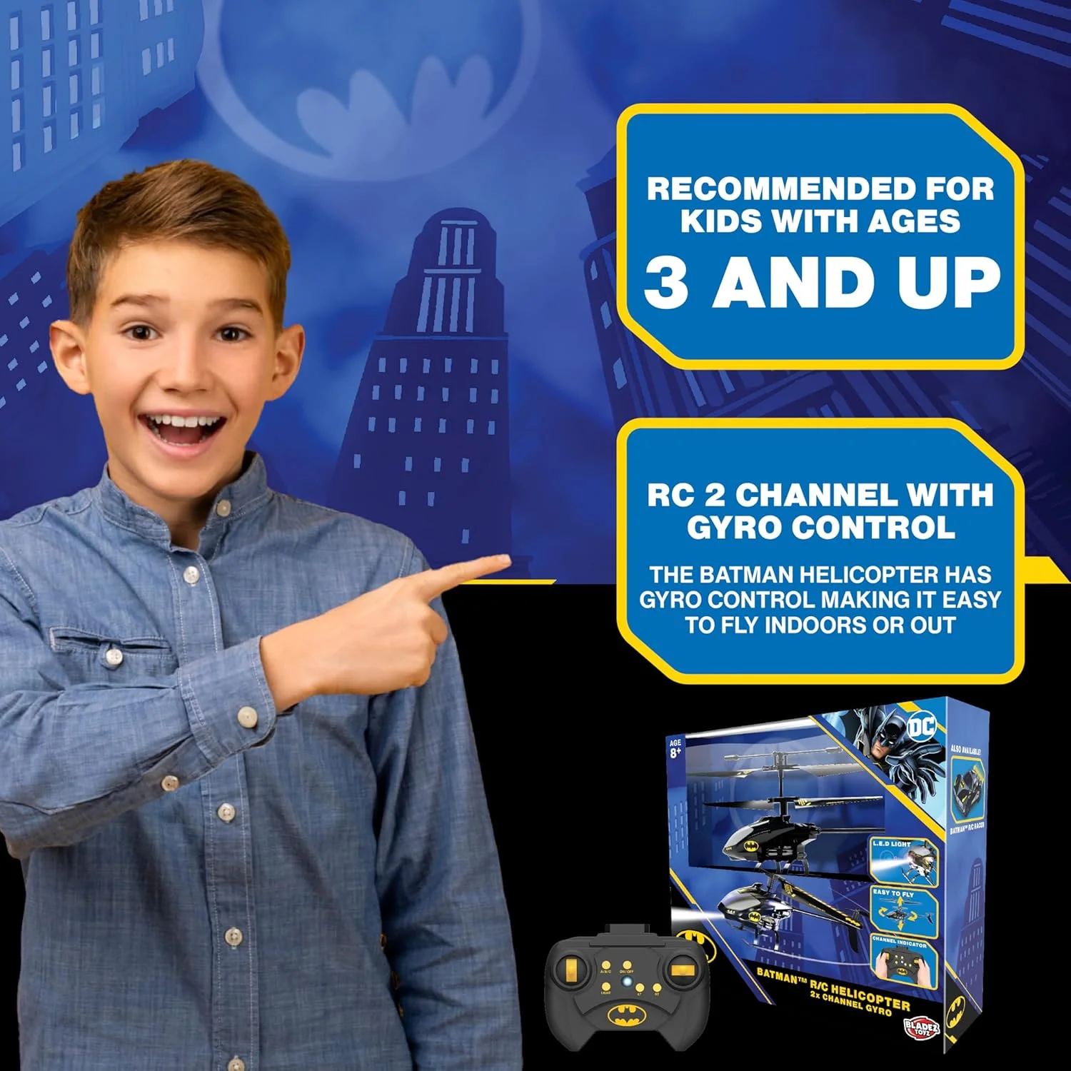 هلیکوپتر کنترلی بتمن Bladez، 2 کاناله با ژیروسکوپ، کمیک های دی سی، آرسی 2 کاناله با کنترل ژیروسکوپی، پرواز آسان با چراغ ها، مقاوم در برابر سقوط، اسباب بازی دارای مجوز برای کودکان
