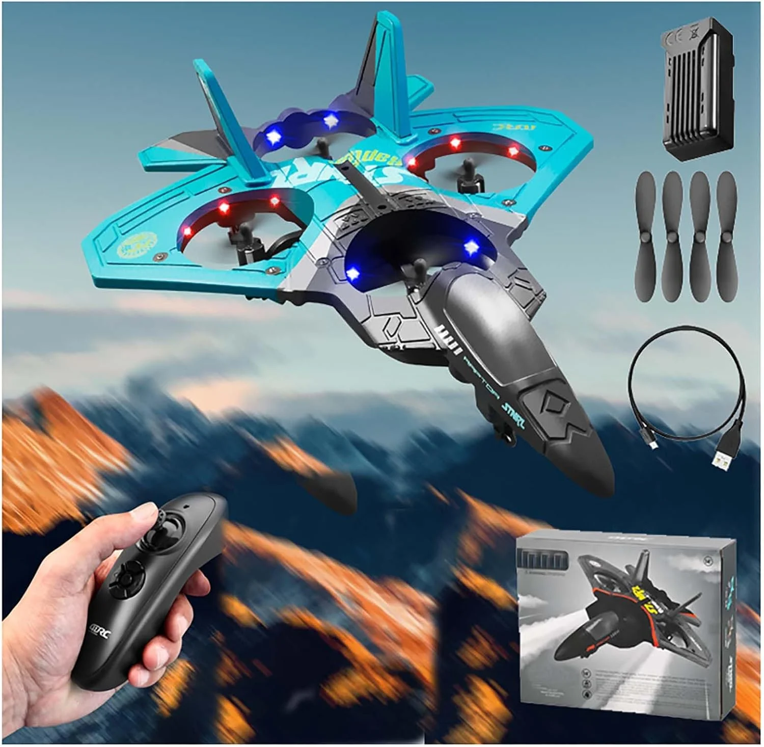 هواپیمای آرسی Lunar Plane - هواپیمای بدلکاری جت جنگنده V17، رپتور پنهان‌کار، شناور حسگر گرانش، چرخش (آبی)