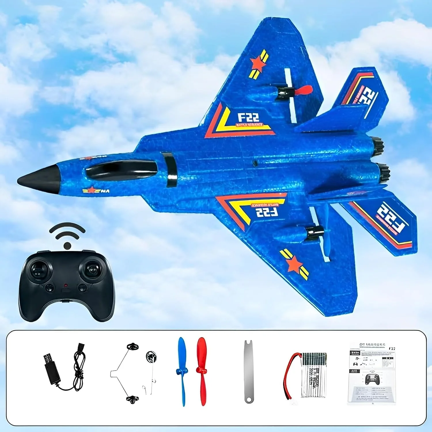 هواپیمای کنترلی از راه دور F-22 Raptor - جت RC 2.4 گیگاهرتز با تثبیت کننده ژیروسکوپ هوشمند، چراغ های LED، 3 باتری قابل شارژ، اسباب بازی هواپیمای جنگنده فوم EPP بادوام برای کودکان و مبتدیان، آبی