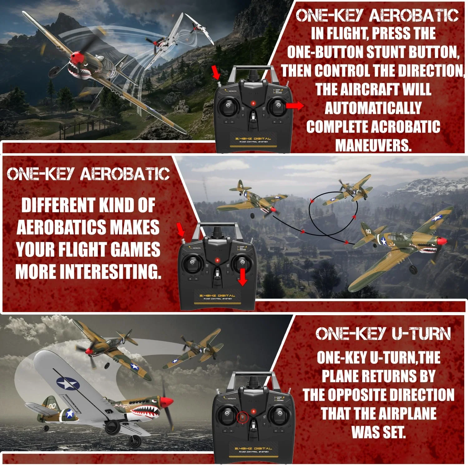 هواپیمای کنترلی LEAMBE، 4 کانال، مدل P-40 Warhawk - مناسب برای افراد مبتدی، دارای سیستم تثبیت کننده Xpilot و قابلیت انجام حرکات آکروباتیک با یک کلید