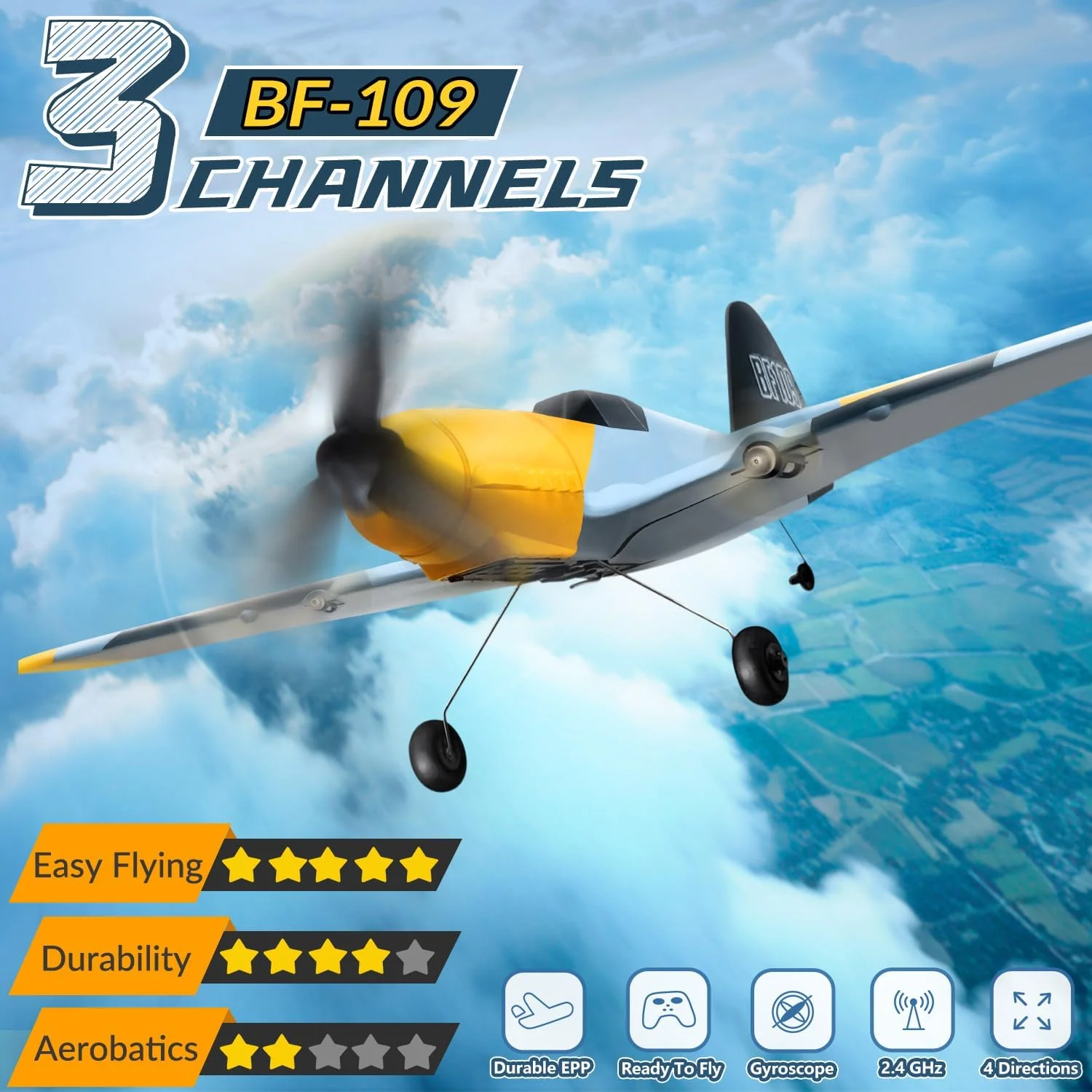 هواپیمای کنترلی 3 کاناله HAWK'S WORK مدل BF-109، هواپیمای کنترل از راه دور آماده پرواز، ژیروسکوپ 6 محوره 2.4 گیگاهرتز، پرواز آسان برای کودکان و مبتدیان