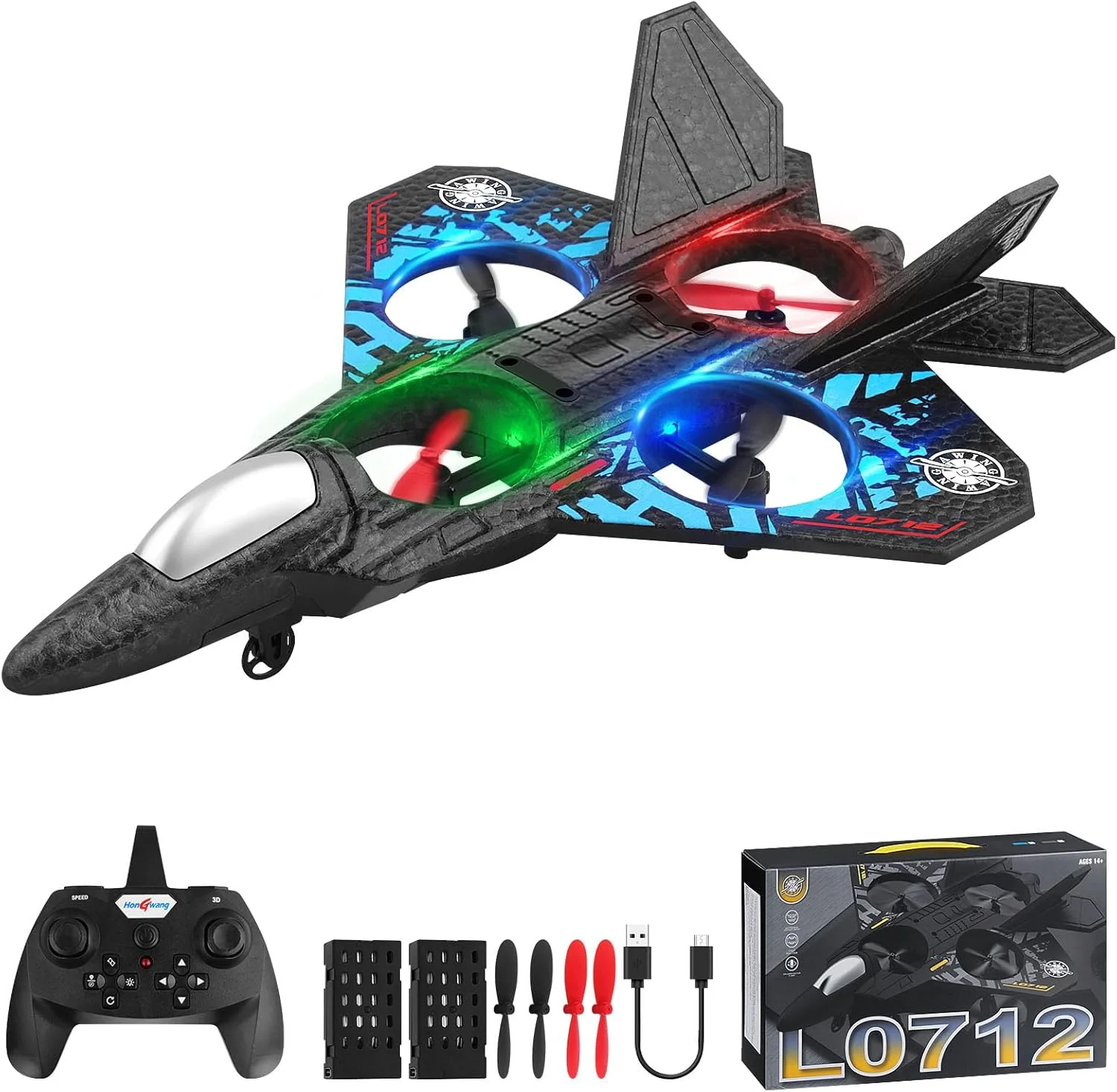 هواپیمای کنترلی AWH Henakmsl RC با فرکانس 2.4 گیگاهرتز، مدل L0712، هواپیمای جنگنده شناور کوادکوپتر RC، مناسب برای مبتدیان، کودکان و بزرگسالان، اسباب بازی هواپیما با چراغ های رنگی و شارژ USB