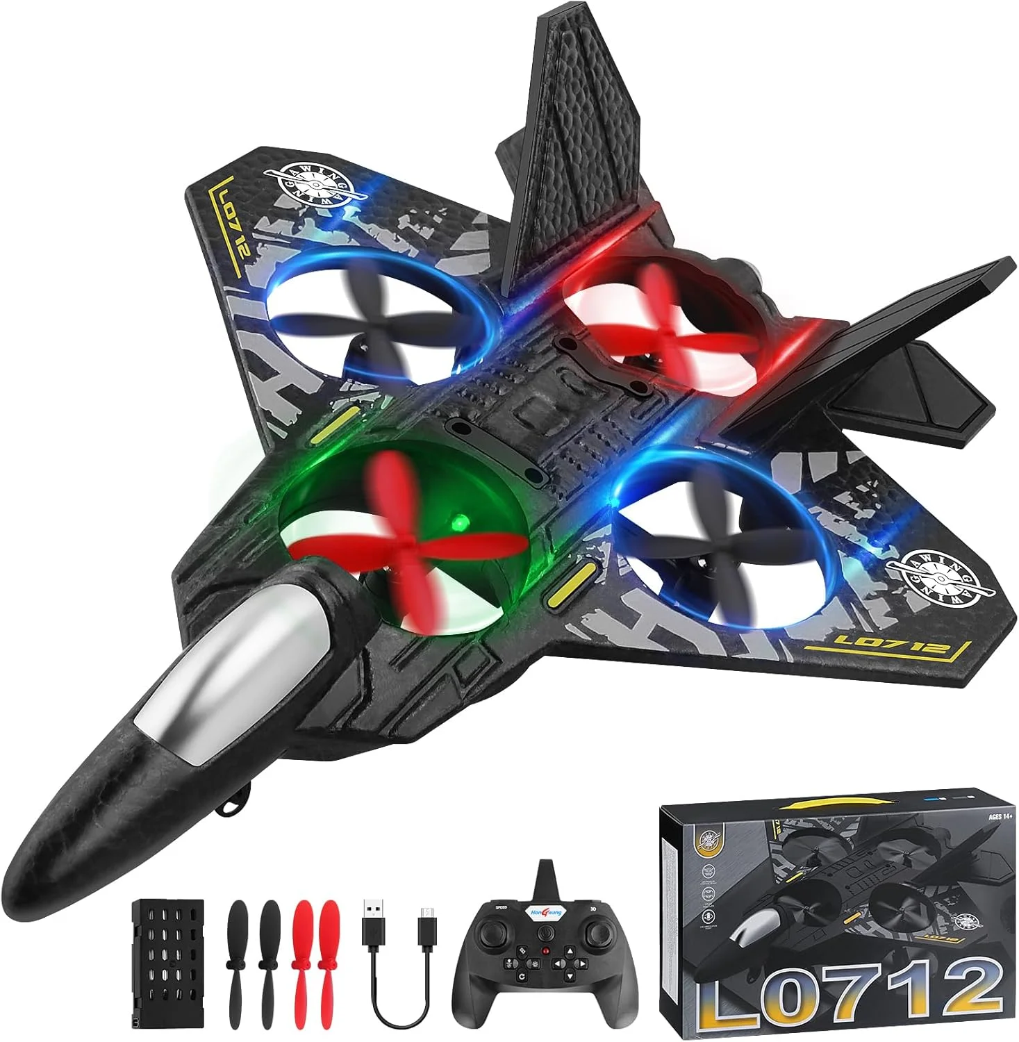 هواپیمای کنترلی AWH Henakmsl RC، هواپیمای کنترل از راه دور 2.4 گیگاهرتز L0712 کوادکوپتر جنگنده شناور، هواپیمای کنترلی RTF برای مبتدیان/کودکان/بزرگسالان، اسباب بازی هواپیما با چراغ های رنگی شارژ USB
