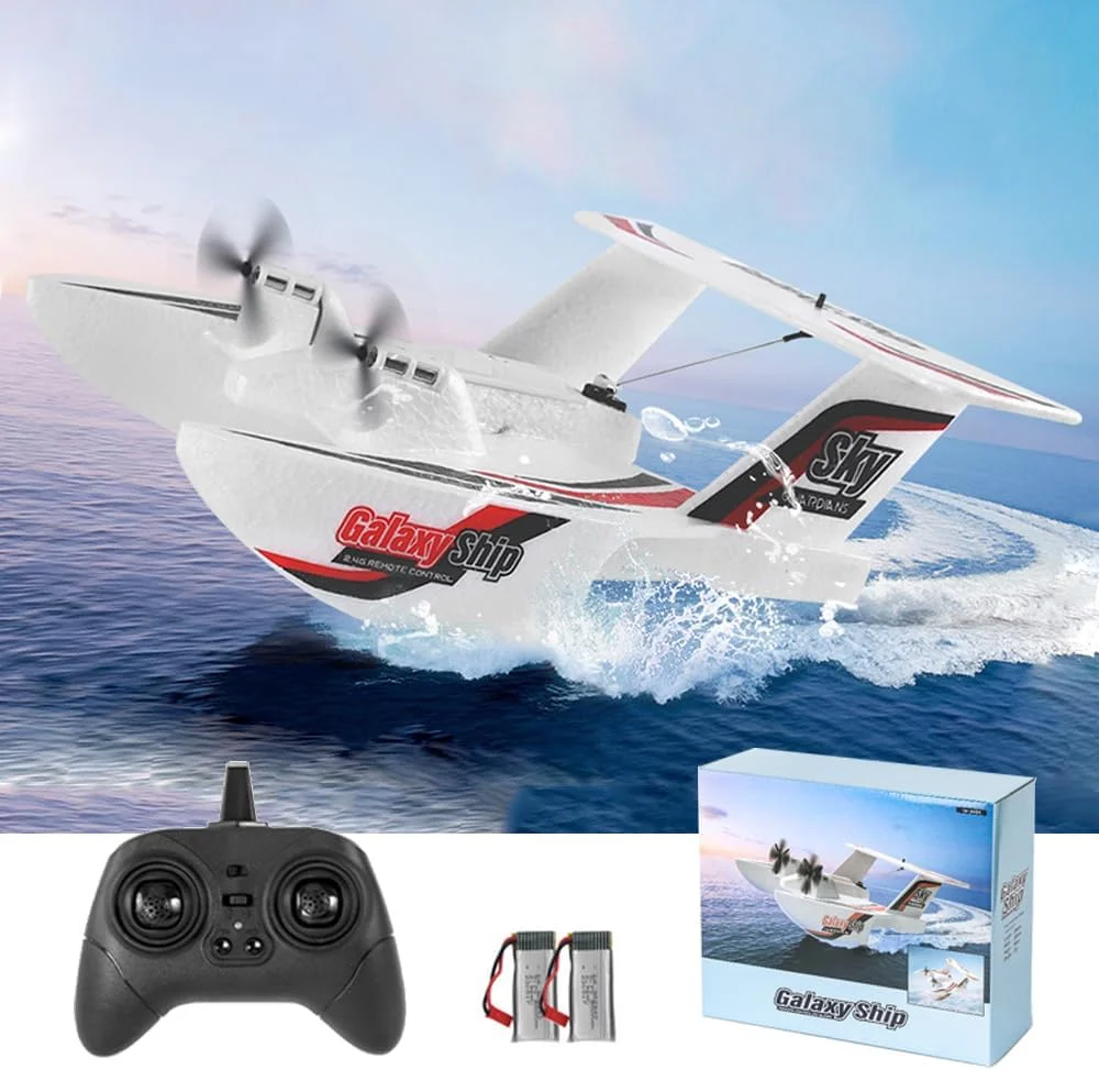 هواپیمای کنترلی GoolRC 3 کاناله مناسب آب، خشکی و هوا، هواپیمای آبی-خاکی سه کاره، هواپیمای دریایی 2.4 گیگاهرتزی با جایروسکوپ 6 محوره و 2 باتری برای بزرگسالان