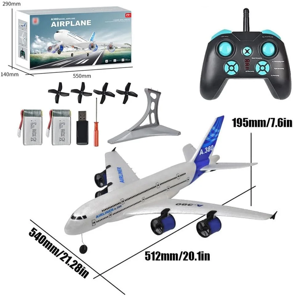 هواپیمای کنترلی ایرباس 747 A380 با موتور الکتریکی و کنترل از راه دور 2.4G، هواپیمای اسباب بازی کنترلی با چهار موتور و چراغ های LED، مقاوم در برابر سقوط، هواپیمای EPP با 2 باتری مناسب برای مبتدیان و هدیه کودکان (A-380)